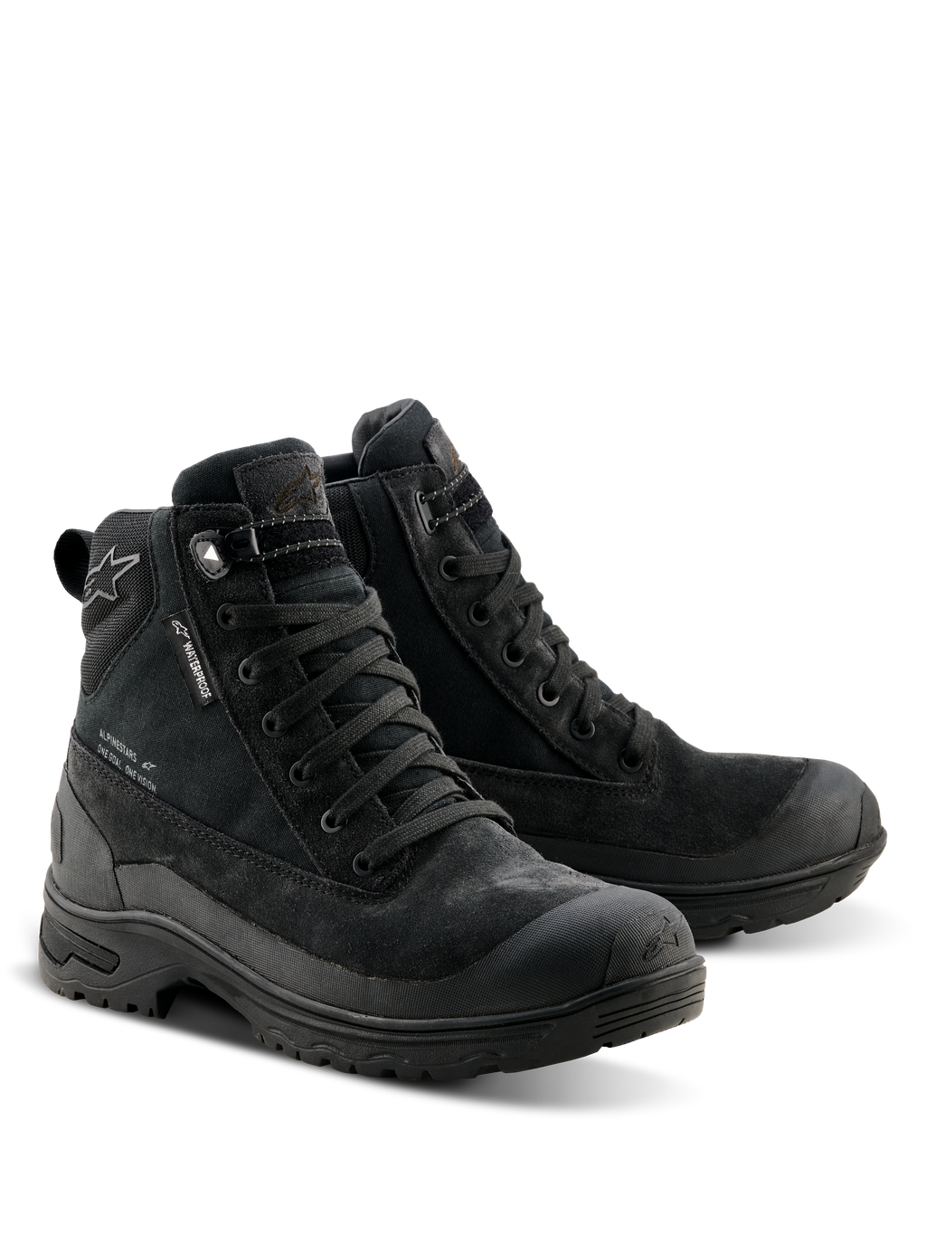 Alpinestars Woman Judy Waterproof Boots, stivali da moto neri, design d'ispirazione combat con chiusura stringata, dotati di etichetta waterproof, costruzione in pelle scamosciata e tessuto e suola in gomma resistente per il massimo comfort in sella e a piedi