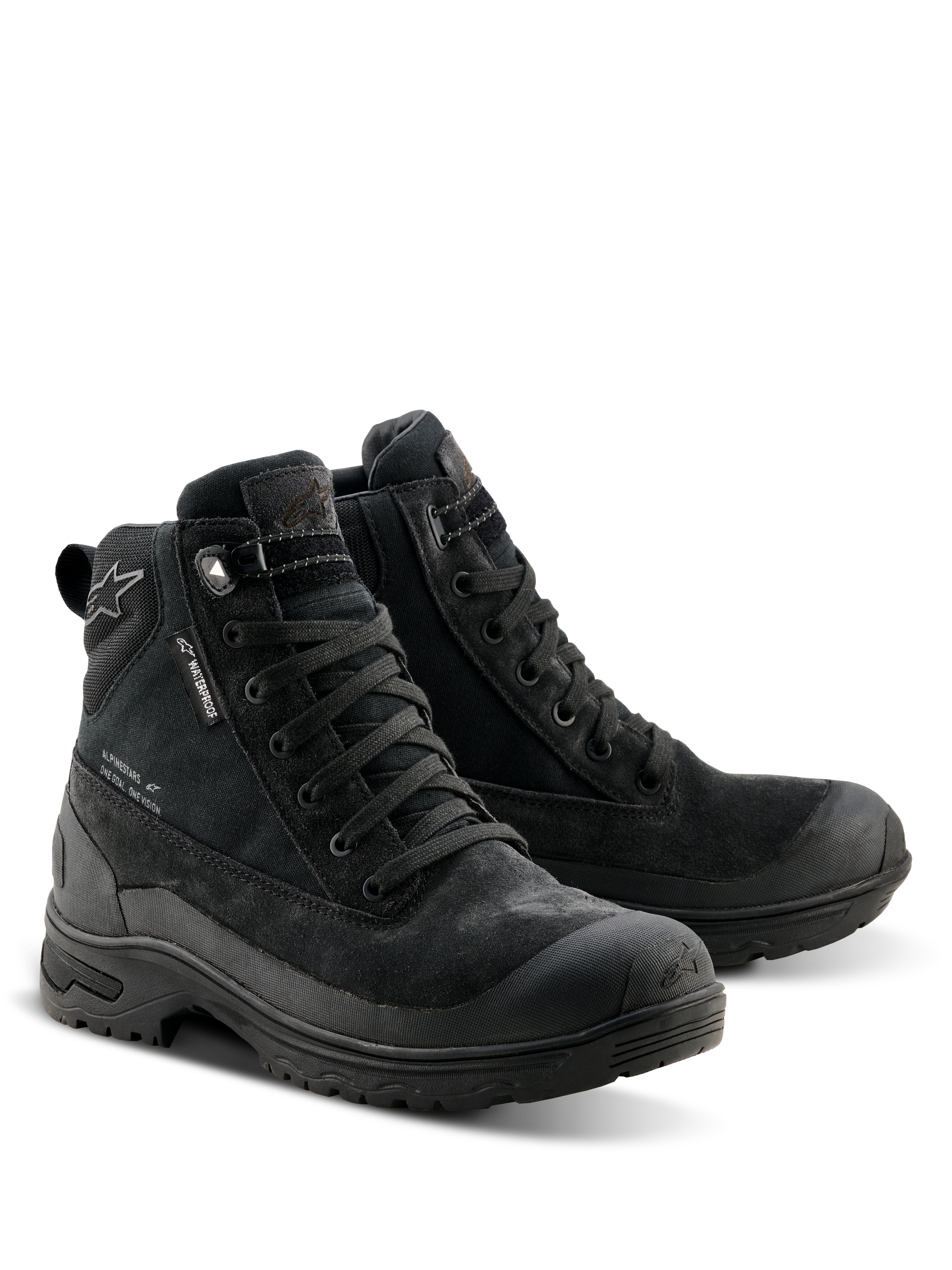 Alpinestars Woman Judy Waterproof Boots, stivali da moto neri, design d'ispirazione combat con chiusura stringata, dotati di etichetta waterproof, costruzione in pelle scamosciata e tessuto e suola in gomma resistente per il massimo comfort in sella e a piedi