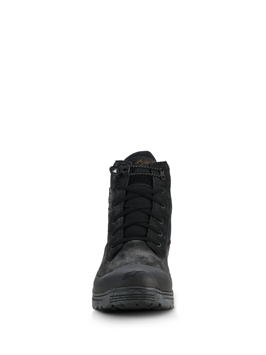Alpinestars Stivali Woman Judy Waterproof, stivali da moto da donna, nero, vista frontale con design in stile combat, chiusura con lacci e cordoncino elastico sul colletto, finitura opaca con rinforzo in gomma sulla punta e suola rialzata