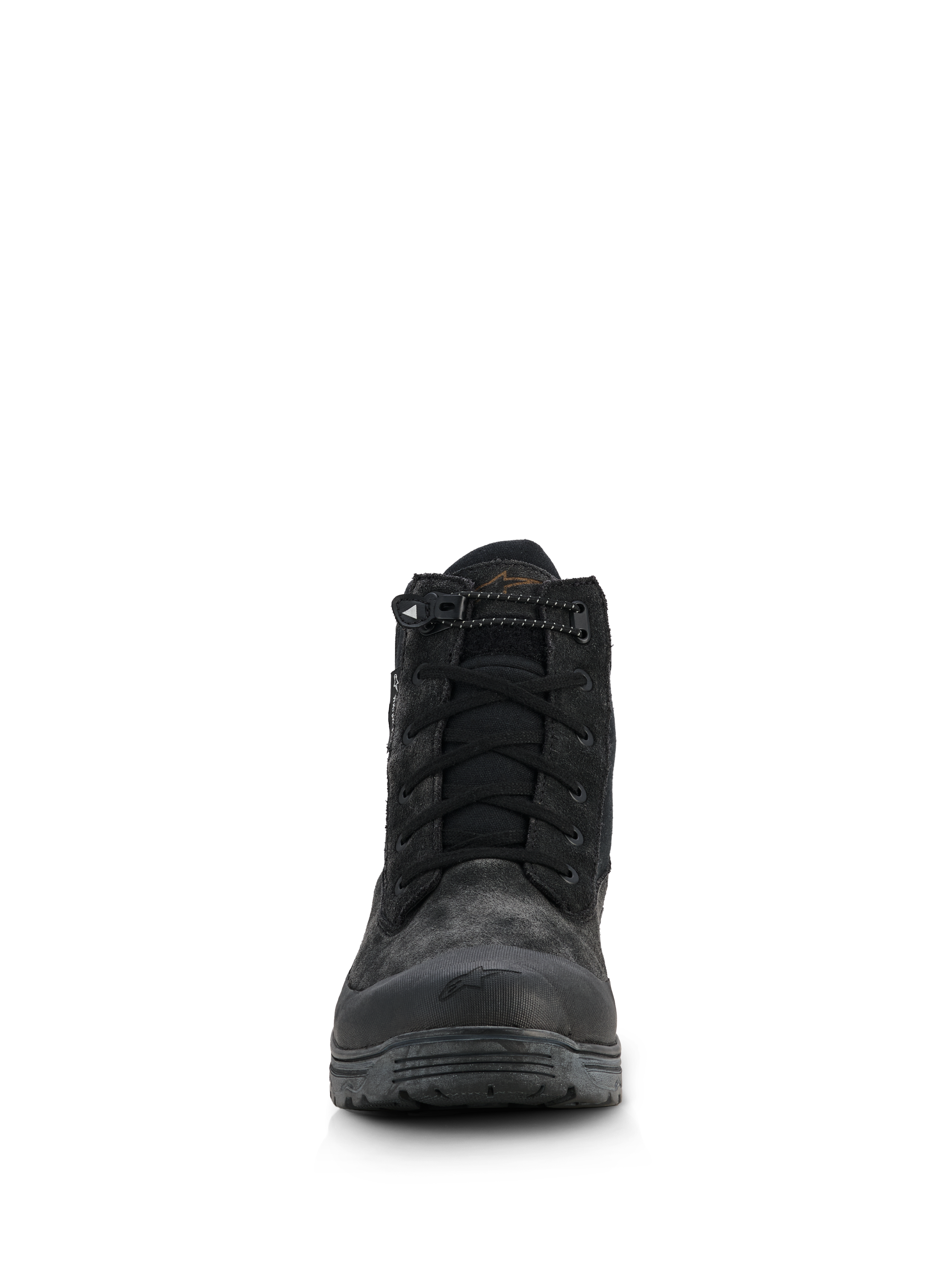 Alpinestars Stivali Woman Judy Waterproof, stivali da moto da donna, nero, vista frontale con design in stile combat, chiusura con lacci e cordoncino elastico sul colletto, finitura opaca con rinforzo in gomma sulla punta e suola rialzata