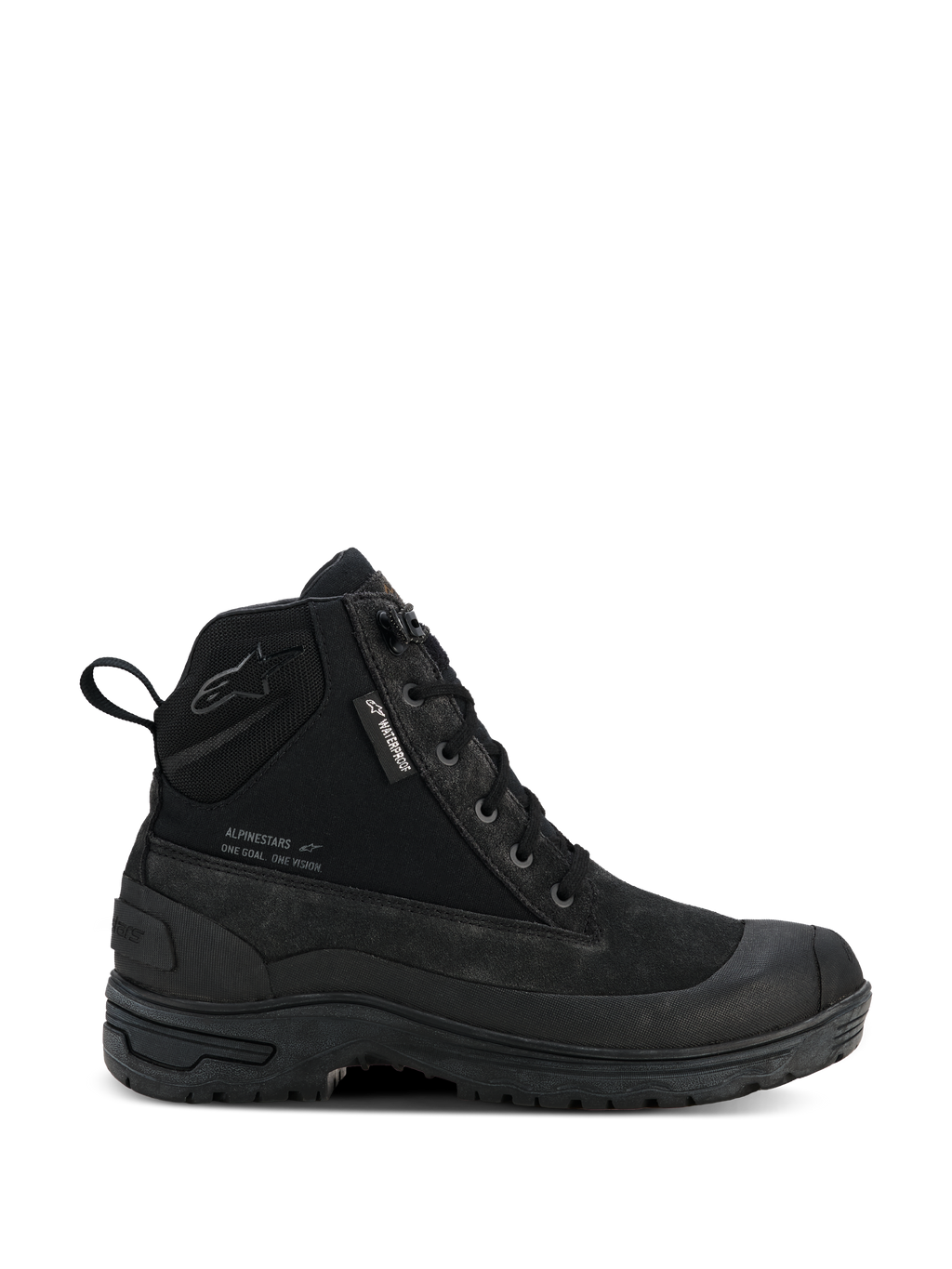 Alpinestars Woman Judy Waterproof Boots, stivali da moto urban da donna, neri, stile combat alto con allacciatura frontale, suola spessa e robusta, etichetta Waterproof e linguetta posteriore, finitura in pelle scamosciata opaca e tessuto