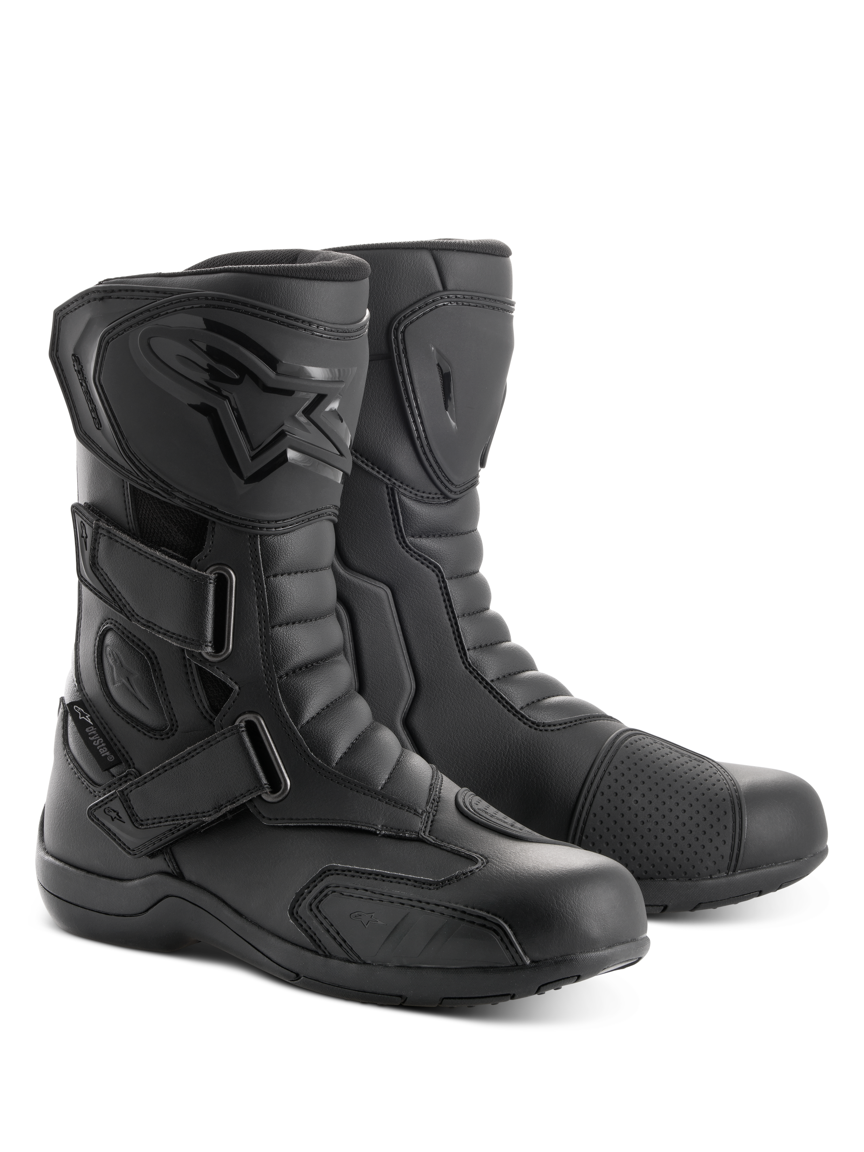 Stivali Alpinestars Radon Drystar®, stivali da moto touring, nero, con tre cinturini regolabili a strappo, placca parastinchi in TPU con logo in rilievo e protezione del cambio, robusta struttura in microfibra per guida su strada e adventure