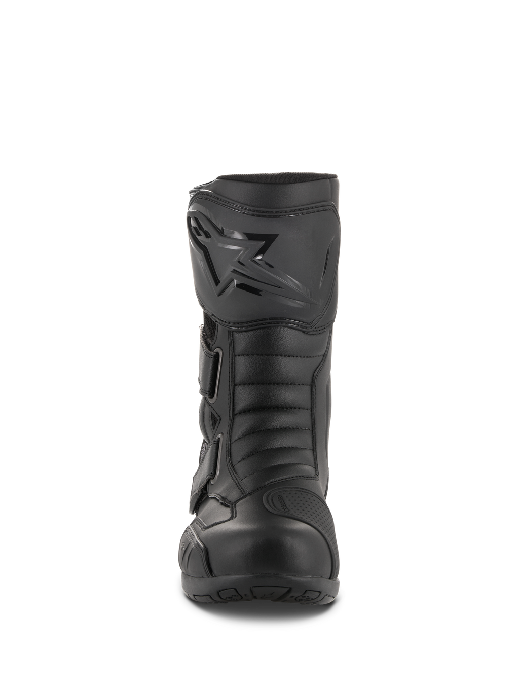 Alpinestars Radon Drystar® Boots, stivali da moto touring impermeabili, nero, vista frontale che mostra la piastra parastinchi con logo Alpinestars, cinturini regolabili e punta rinforzata