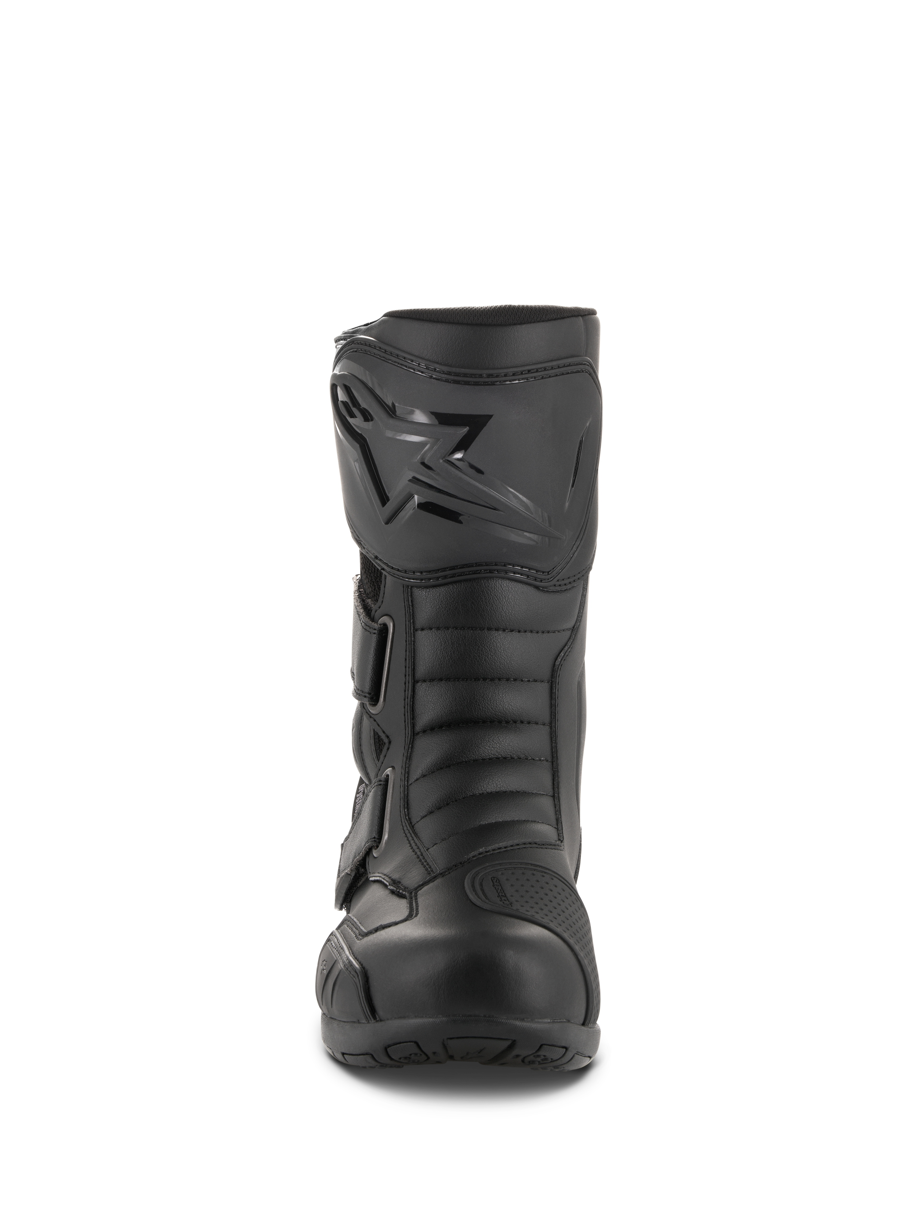 Alpinestars Radon Drystar® Boots, stivali da moto touring impermeabili, nero, vista frontale che mostra la piastra parastinchi con logo Alpinestars, cinturini regolabili e punta rinforzata