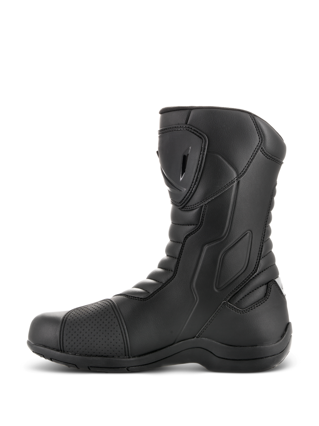 Stivali Alpinestars Radon Drystar®, stivali da turismo moto, nero, vista laterale con piastra parastinchi in TPU e protezione del cambio, zone flessibili a soffietto, resistente costruzione in microfibra per guida adventure