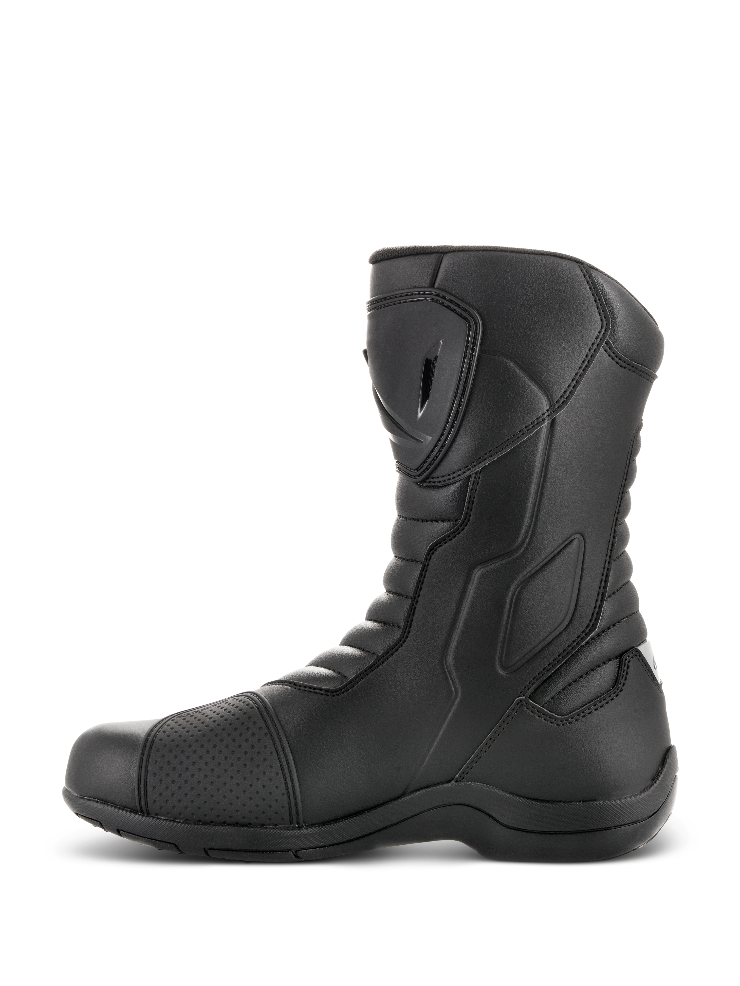 Stivali Alpinestars Radon Drystar®, stivali da turismo moto, nero, vista laterale con piastra parastinchi in TPU e protezione del cambio, zone flessibili a soffietto, resistente costruzione in microfibra per guida adventure