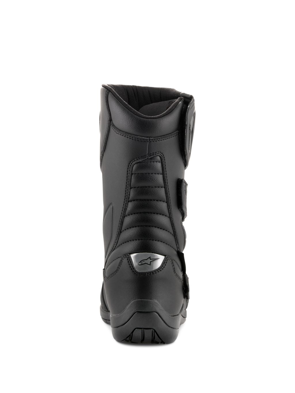 Alpinestars Radon Drystar® Boots, stivali da moto touring, nero, vista posteriore con zone a soffietto e logo argento sul tallone, robusta costruzione in microfibra