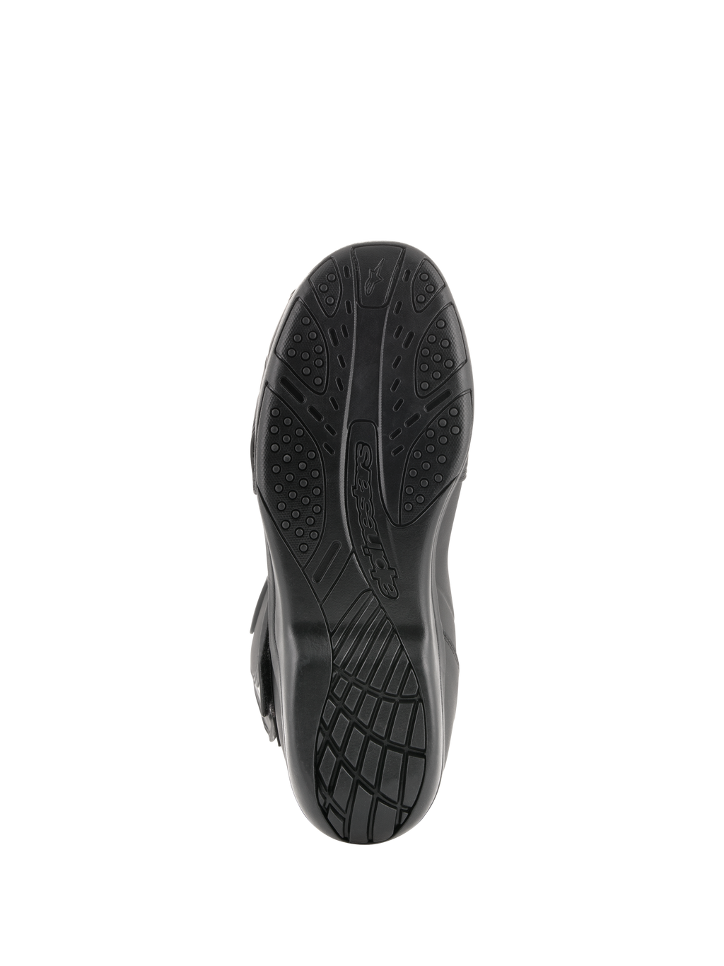 Stivali Alpinestars Radon Drystar®, stivali da moto touring, vista inferiore della suola in mescola vulcanizzata nera con motivi di grip testurizzati e logo Alpinestars