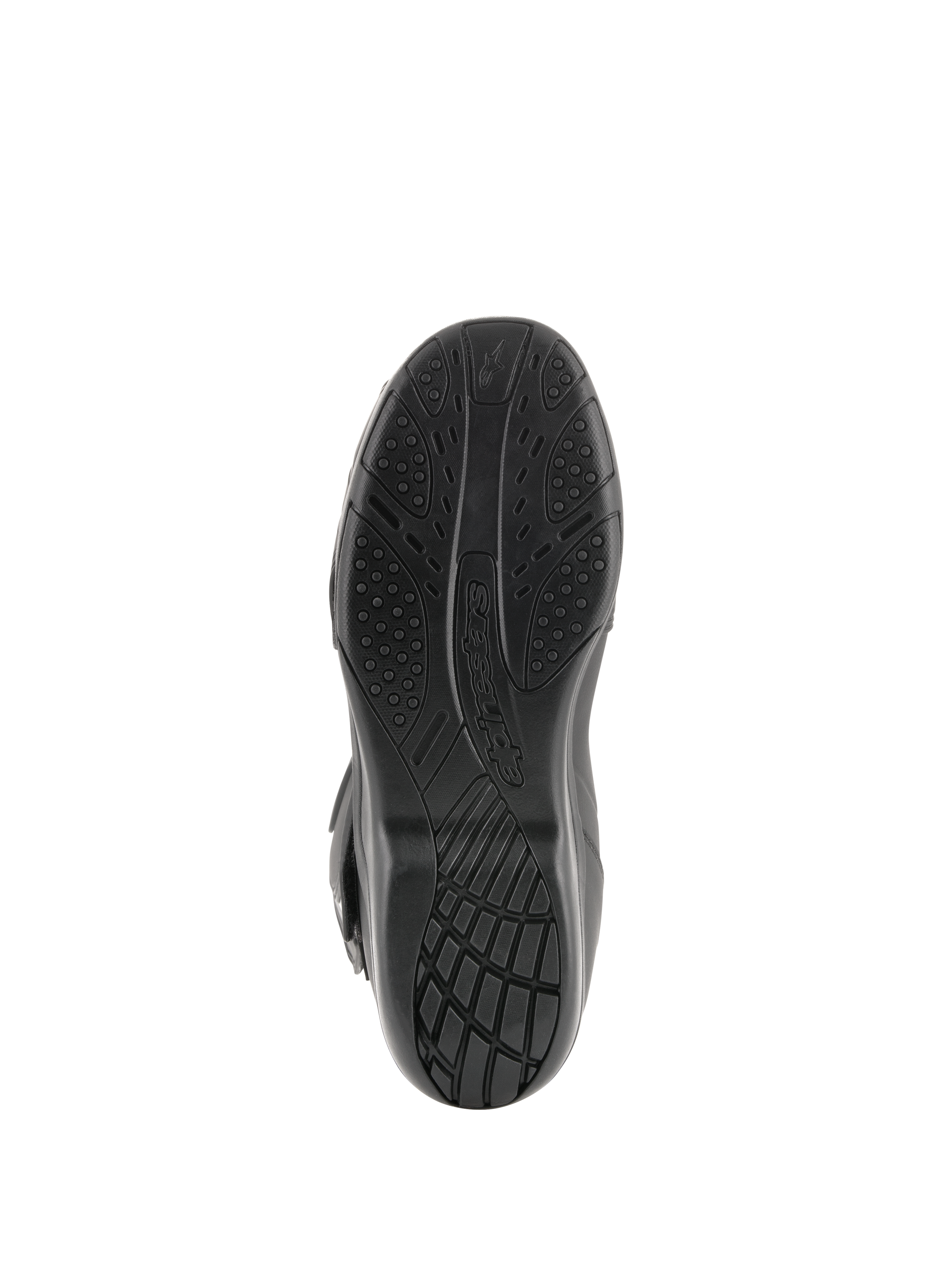 Stivali Alpinestars Radon Drystar®, stivali da moto touring, vista inferiore della suola in mescola vulcanizzata nera con motivi di grip testurizzati e logo Alpinestars