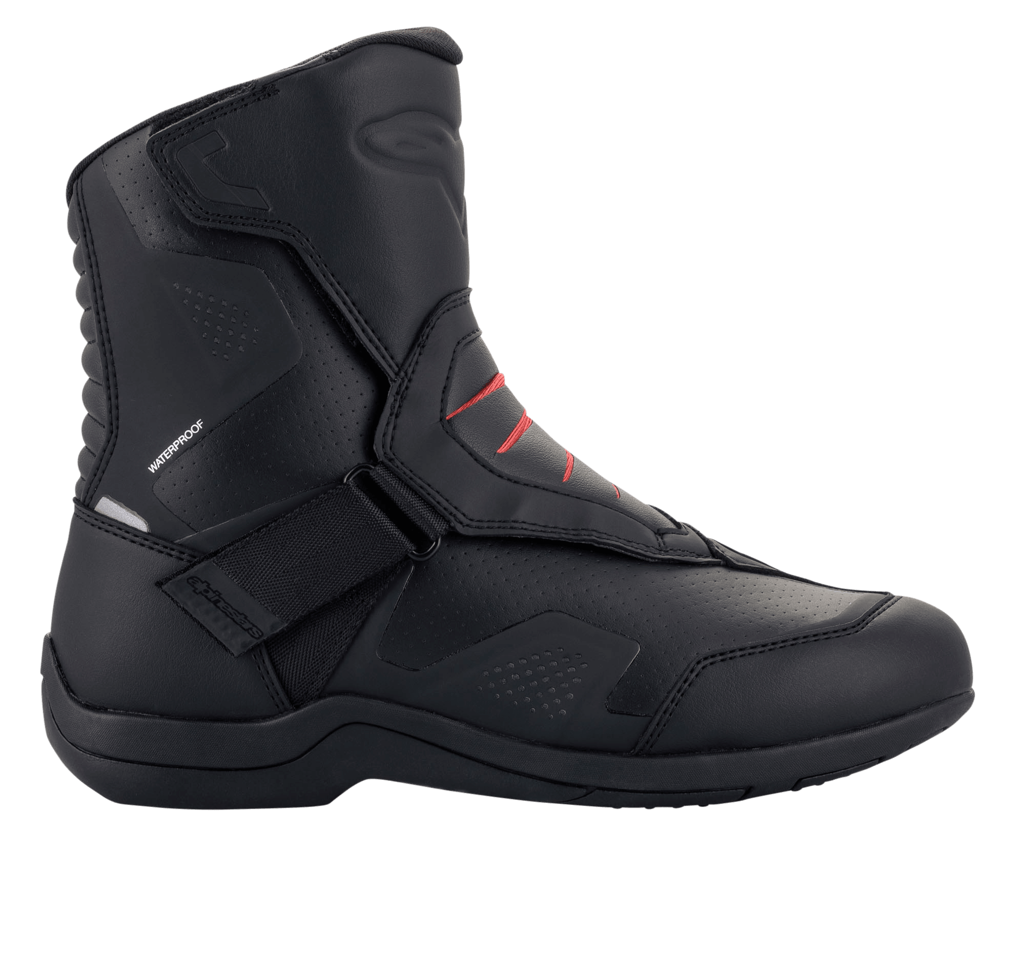 Alpinestars Ridge V2 Waterproof Boot, stivale da moto touring, nero con dettagli rossi, altezza media, chiusura con cinturino in velcro, pannelli di ventilazione traforati, tallone e punta rinforzati, costruzione in pelle sintetica