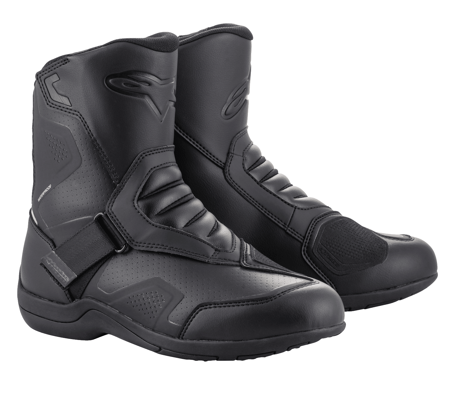 Alpinestars Ridge V2 Waterproof Boot, Motorcycle Boots, Black, durable microfiber construction with large Velcro strap closure, accordion-style flex panels, and subtle branding for a sleek tech-touring design.