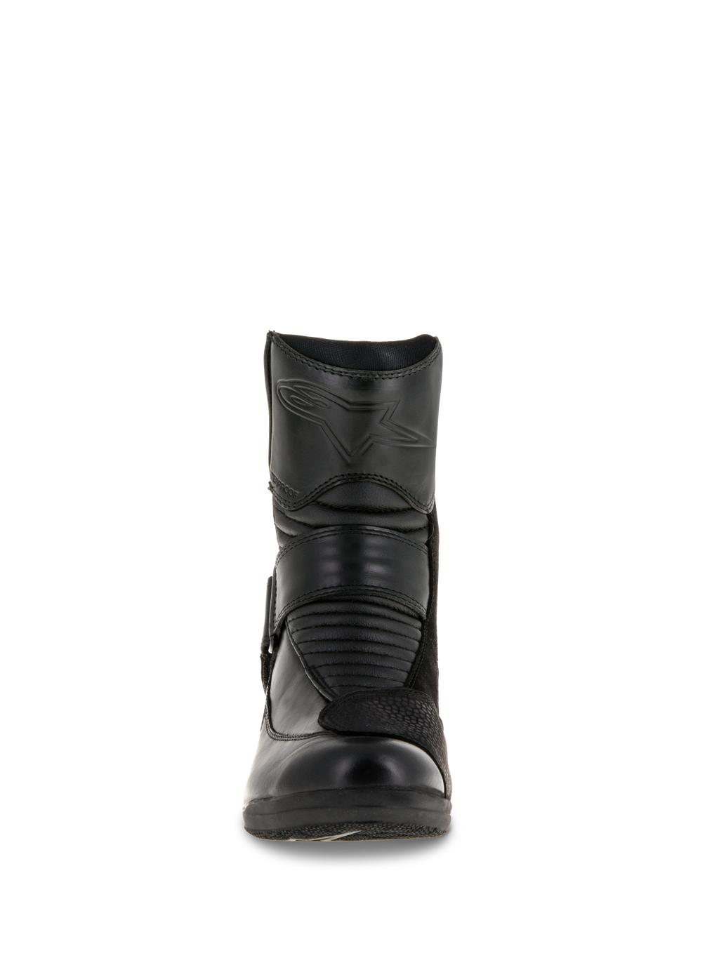 Alpinestars Stella Valencia Waterproof Boots da donna, vista frontale, costruzione in pelle nera, con zone di flessione a soffietto anteriori e logo a stella goffrato sullo stinco, stivale da touring motociclistico impermeabile a taglio basso