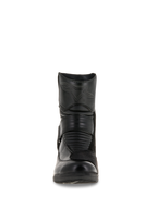 Alpinestars Stella Valencia Waterproof Boots da donna, vista frontale, costruzione in pelle nera, con zone di flessione a soffietto anteriori e logo a stella goffrato sullo stinco, stivale da touring motociclistico impermeabile a taglio basso