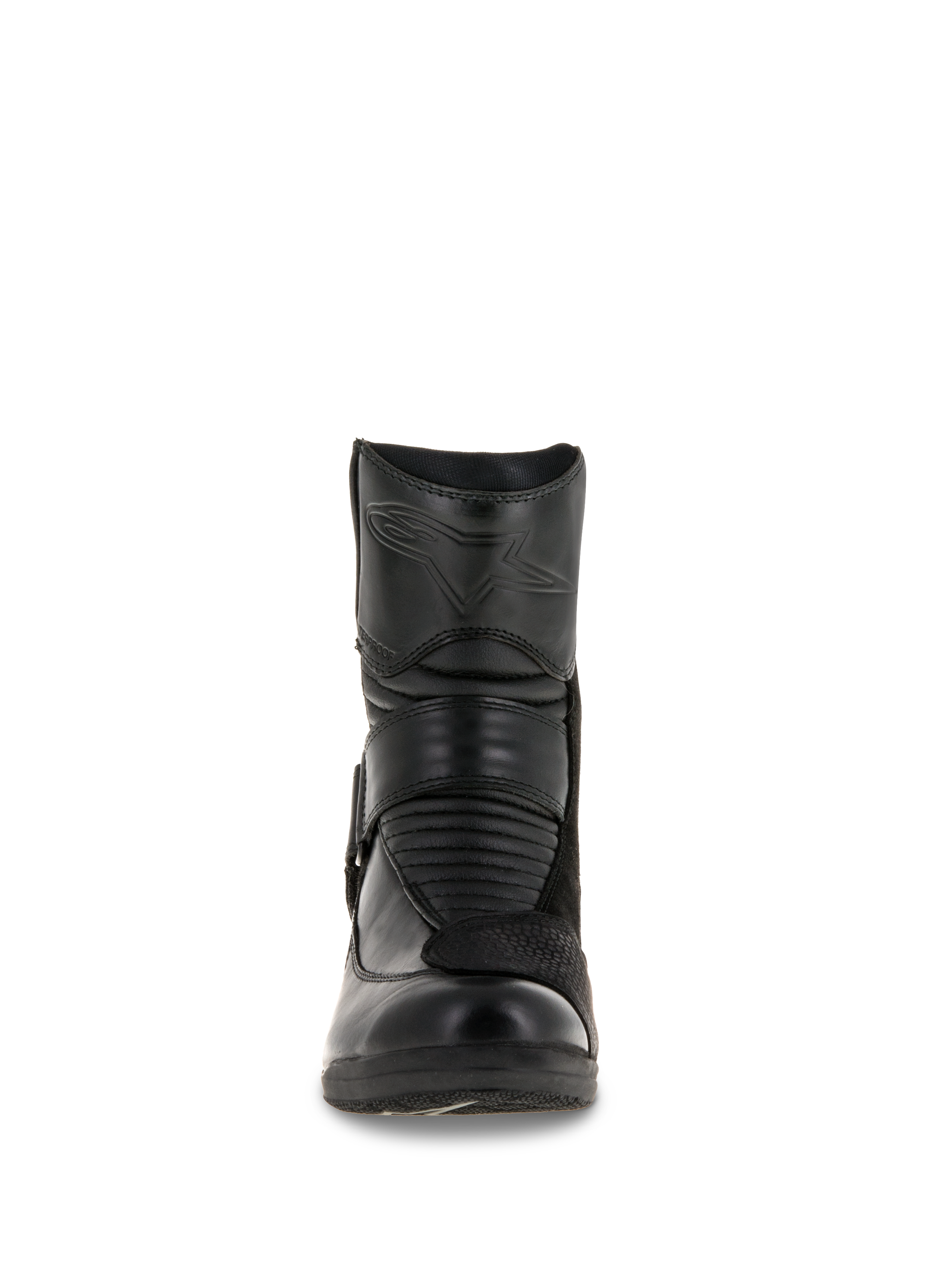 Alpinestars Stella Valencia Waterproof Boots da donna, vista frontale, costruzione in pelle nera, con zone di flessione a soffietto anteriori e logo a stella goffrato sullo stinco, stivale da touring motociclistico impermeabile a taglio basso