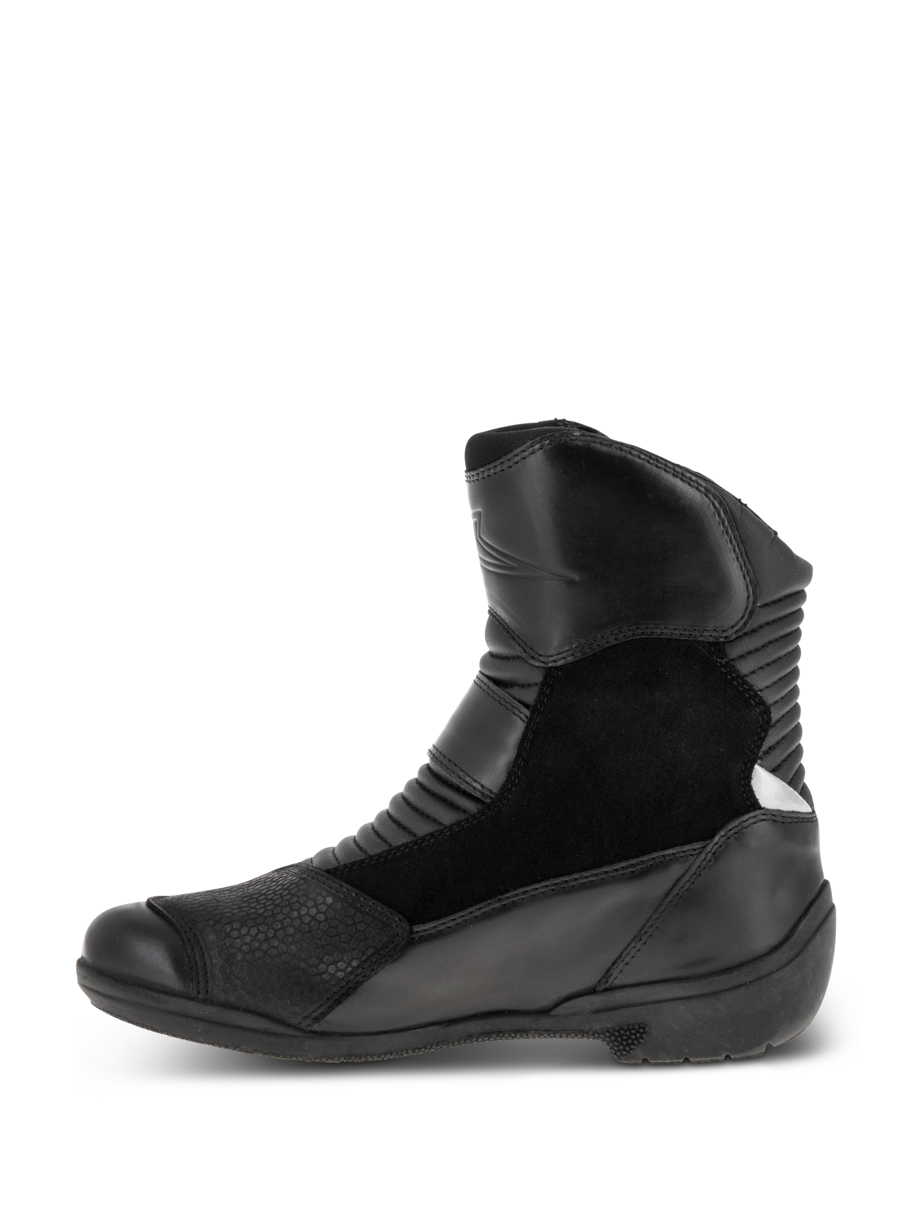 Stivali Alpinestars Stella Valencia Waterproof da donna, nero, vista laterale, design multi-pannello in pelle e scamosciato, zone di flessione a soffietto anteriori e posteriori, stivale da moto touring a taglio basso