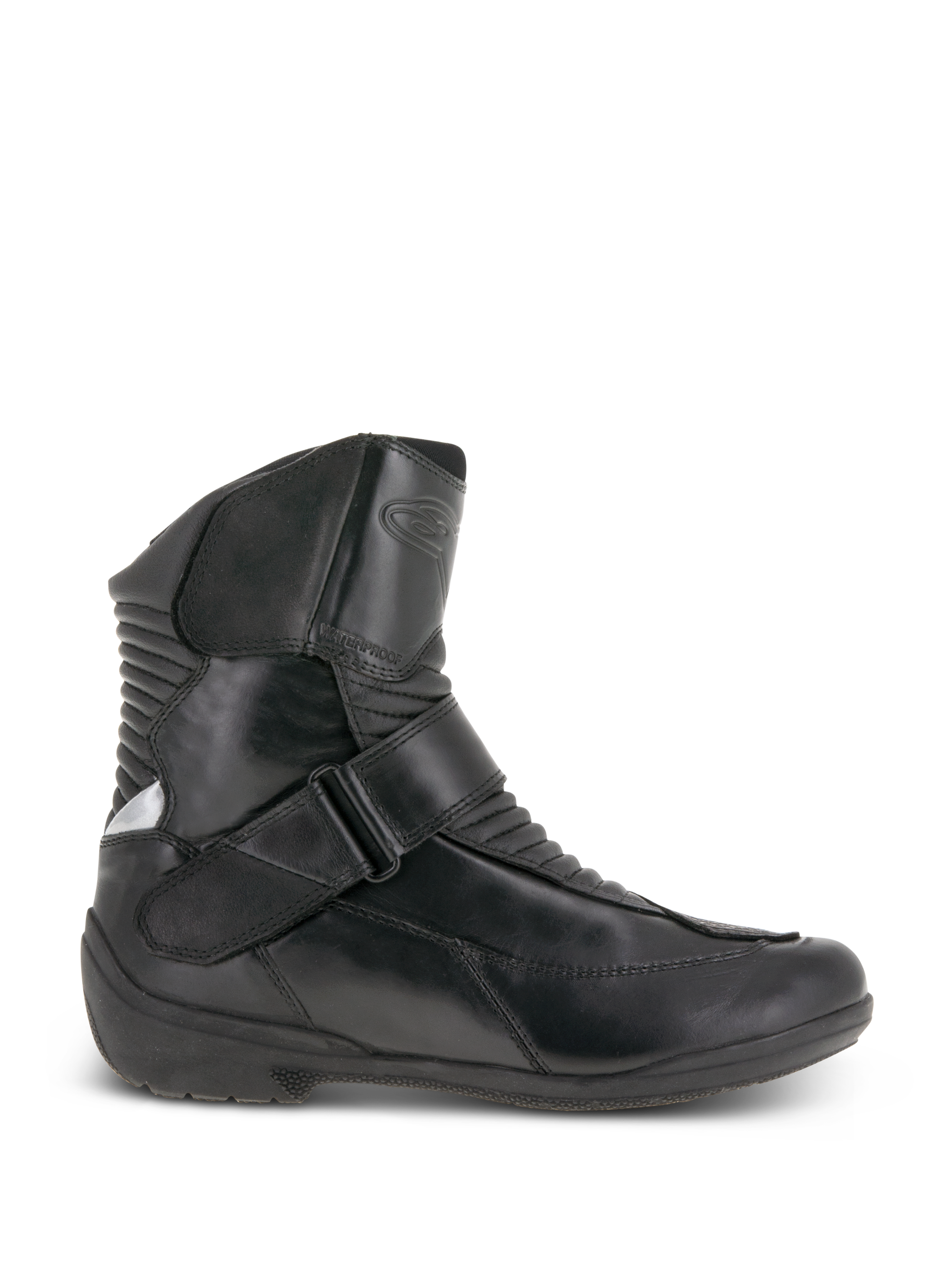 Alpinestars Stella Valencia Waterproof, stivali da moto touring da donna, neri, vista laterale, costruzione in pelle con zone di flessione a soffietto anteriori e posteriori, cinturino con fibbia sul collo del piede e suola in gomma testurizzata.