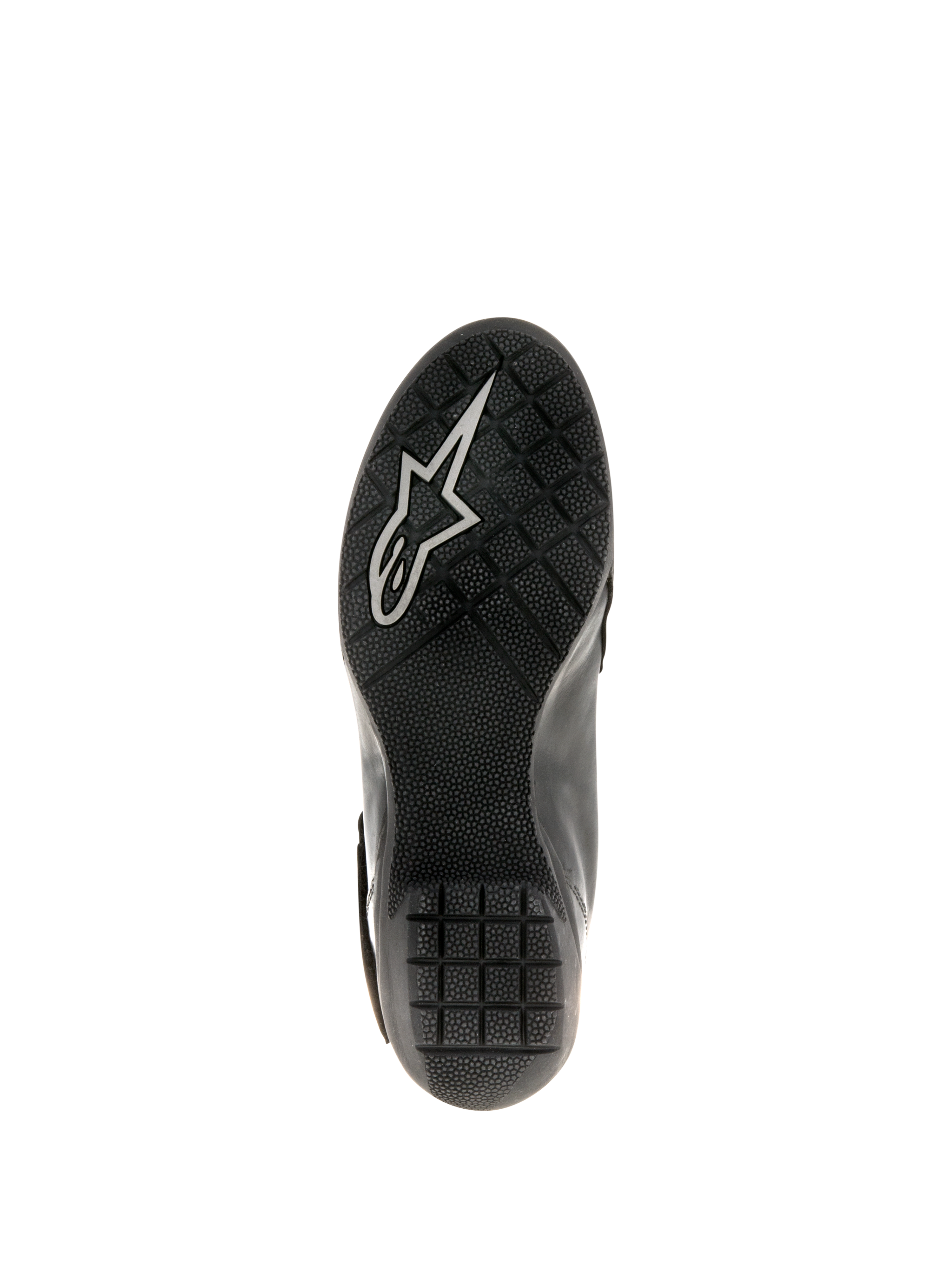 Alpinestars Stivali Stella Valencia Waterproof da donna, nero, vista della suola in gomma testurizzata con motivo grip antiscivolo e logo Astars bianco, progettati per la stabilità nel touring