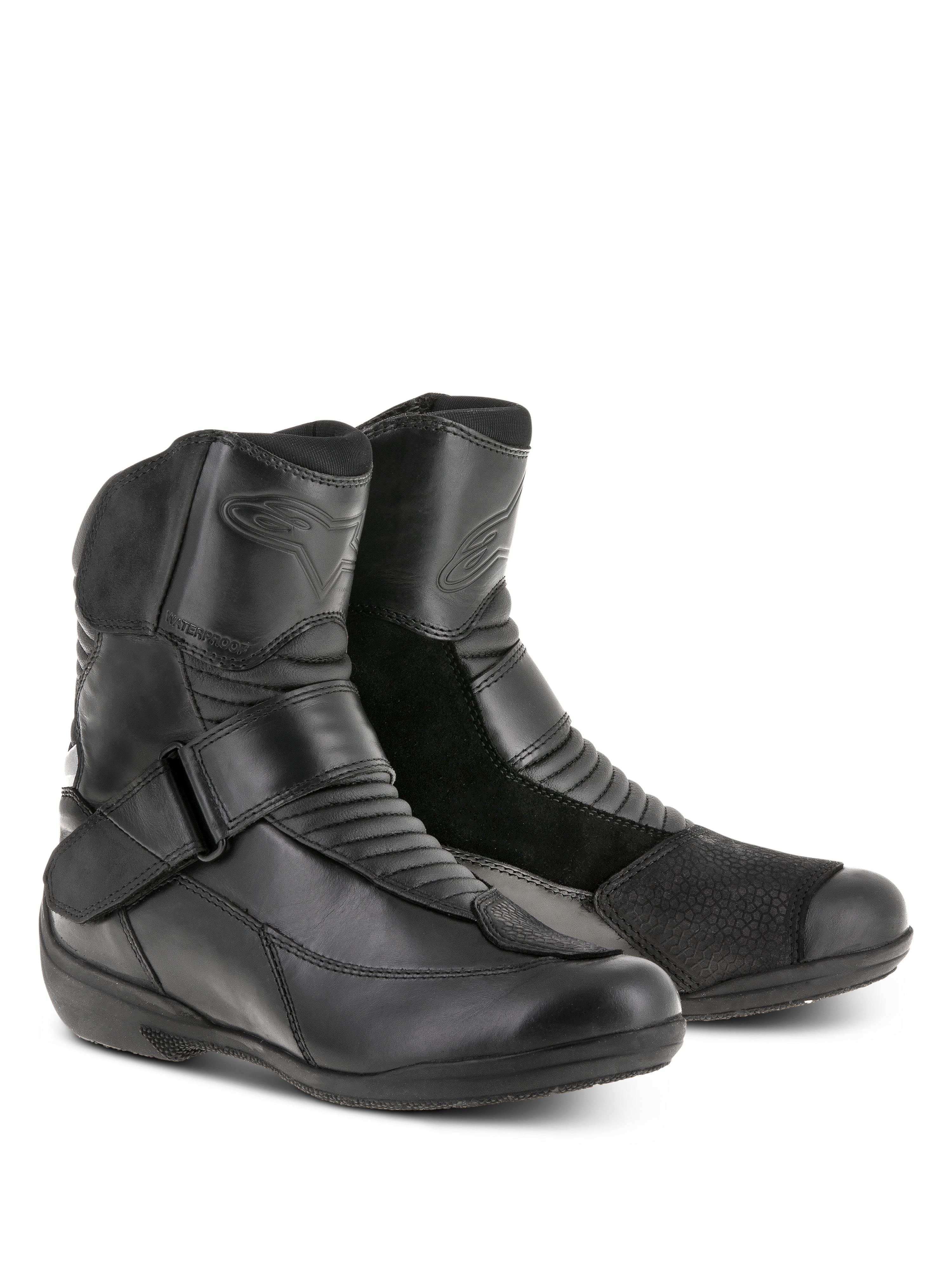 Alpinestars Stella Valencia Waterproof Boots da donna, nero, stivali da touring a taglio basso con pannelli in pelle e scamosciato, zone di flessione a soffietto e cinturino con fibbia sul collo del piede, calzature da moto impermeabili per donna