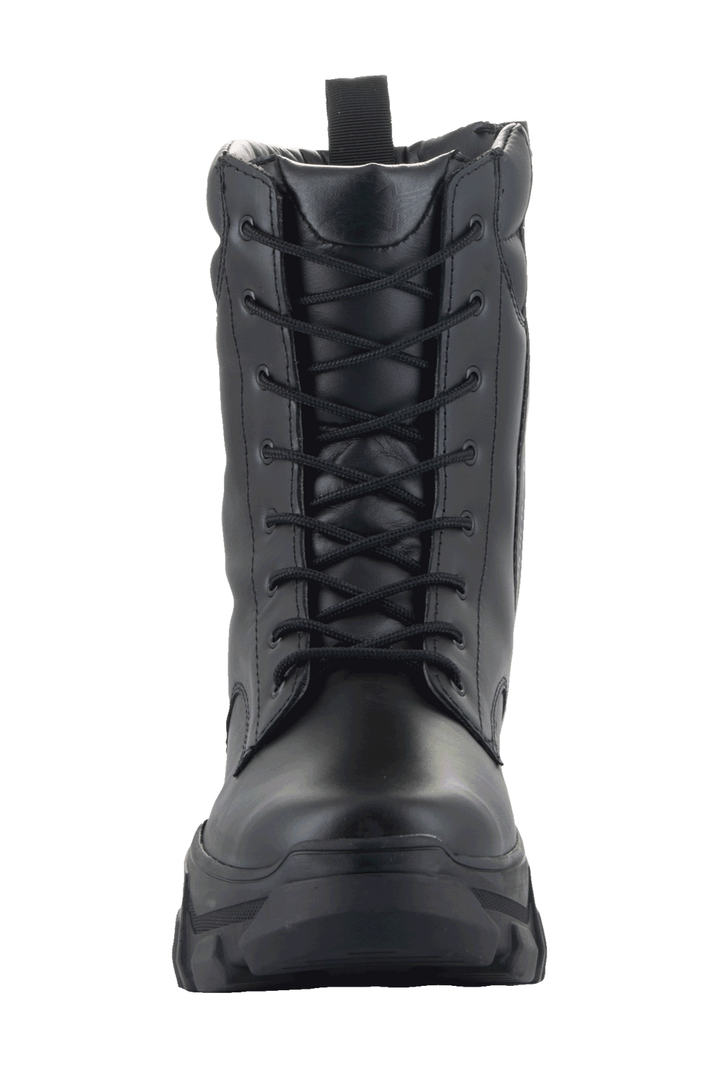 Stivali Alpinestars Ava da donna, stivali da moto urban, nero, vista frontale che mostra la costruzione in pelle pieno fiore, chiusura con lacci e suola spessa rialzata, stile utilitario robusto per la guida in moto