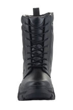 Stivali Alpinestars Ava da donna, stivali da moto urban, nero, vista frontale che mostra la costruzione in pelle pieno fiore, chiusura con lacci e suola spessa rialzata, stile utilitario robusto per la guida in moto