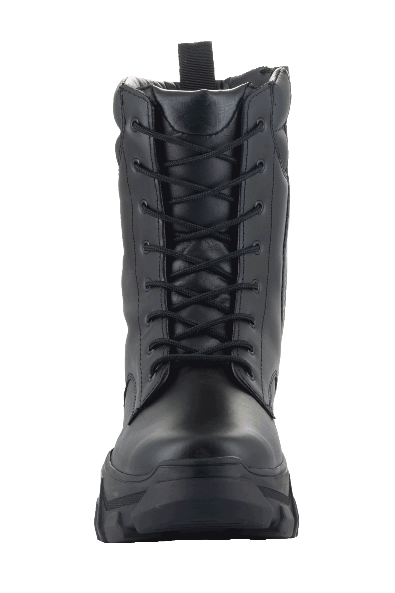 Stivali Alpinestars Ava da donna, stivali da moto urban, nero, vista frontale che mostra la costruzione in pelle pieno fiore, chiusura con lacci e suola spessa rialzata, stile utilitario robusto per la guida in moto