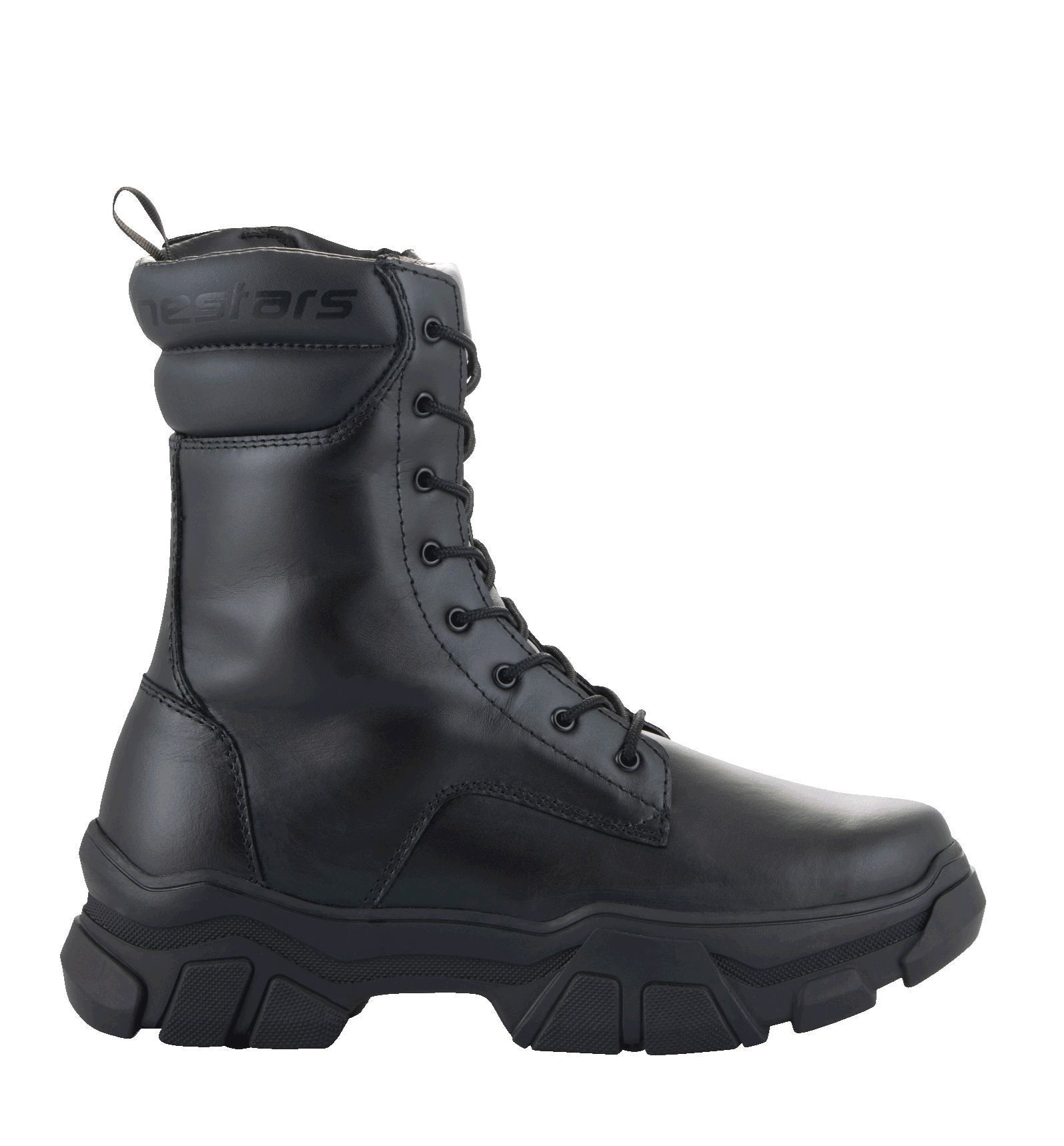 Stivali Alpinestars Ava da donna, stivali da moto urban, nero, vista laterale, suola spessa in gomma rialzata, costruzione in pelle pieno fiore, chiusura con lacci, design d'ispirazione utility per l'uso in sella e a piedi