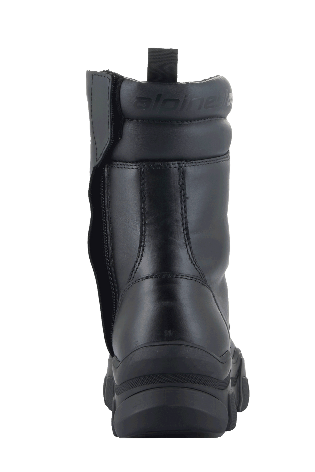 Stivali Alpinestars Ava da donna, nero, vista posteriore con suola in gomma spessa rialzata e cerniera laterale mediale, costruzione in pelle pieno fiore con collarino imbottito e logo goffrato, calzatura urbana moderna per il motociclismo
