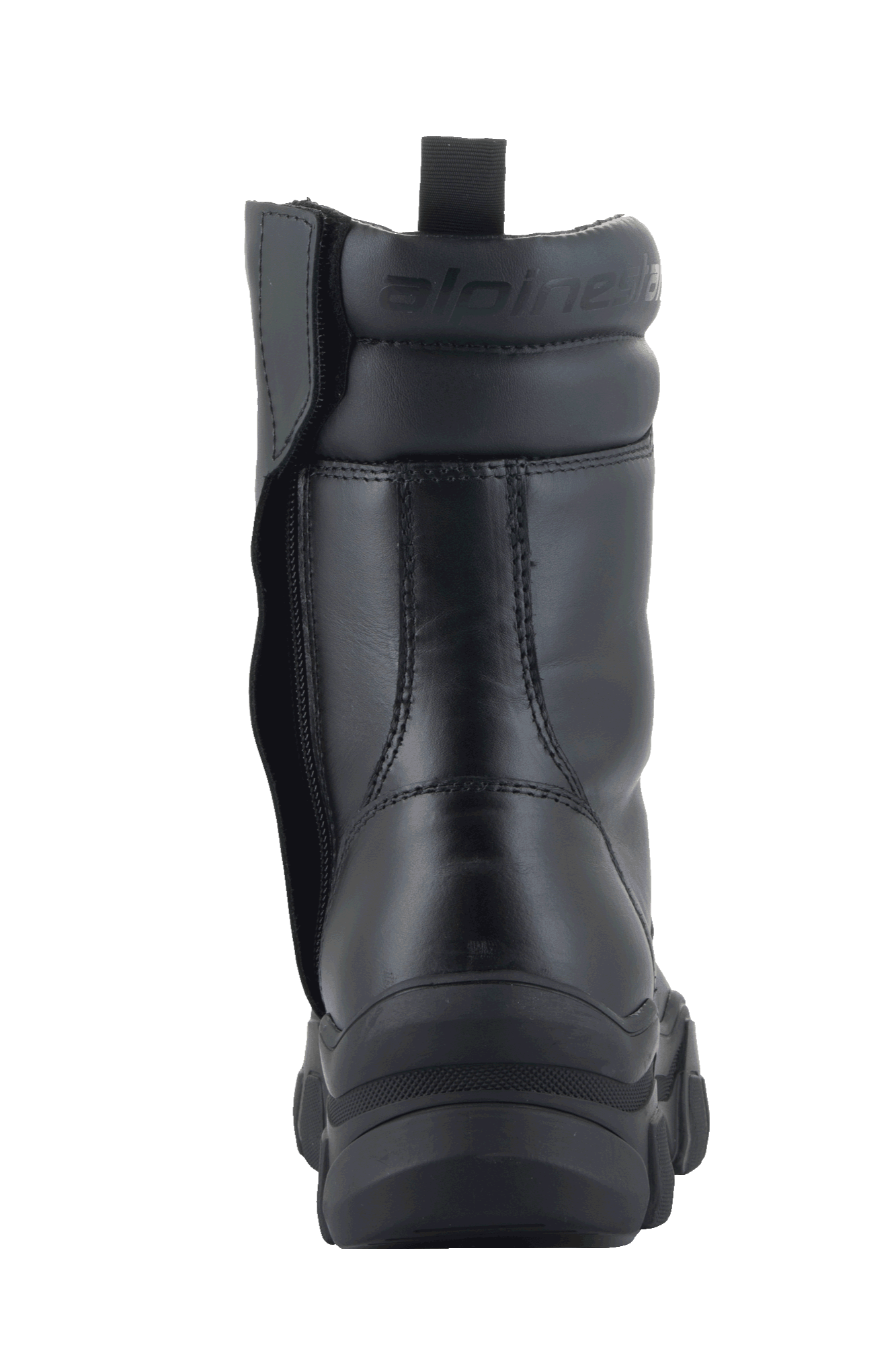 Stivali Alpinestars Ava da donna, nero, vista posteriore con suola in gomma spessa rialzata e cerniera laterale mediale, costruzione in pelle pieno fiore con collarino imbottito e logo goffrato, calzatura urbana moderna per il motociclismo