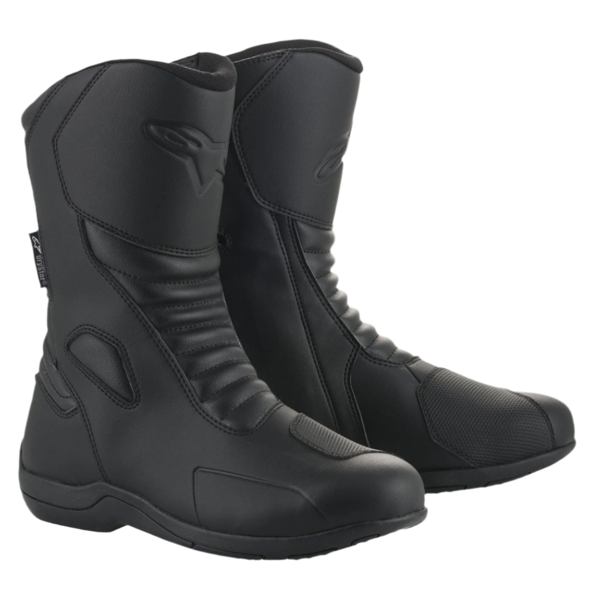 Stivali Alpinestars Origin Drystar®, stivali da touring moto neri, tomaia in microfibra con zone flex a soffietto anteriori, logo Alpinestars in rilievo sul polpaccio, pad sintetico per il cambio, design impermeabile ed elegante per guida su strada e adventure