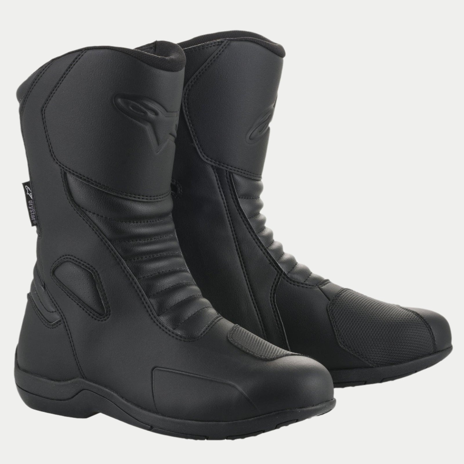 Stivali Alpinestars Origin Drystar®, stivali da moto touring impermeabili, nero, con tomaia in microfibra, zone flex a soffietto anteriori e posteriori, pad cambio sintetico e logo goffrato, progettati per la guida su strada e adventure