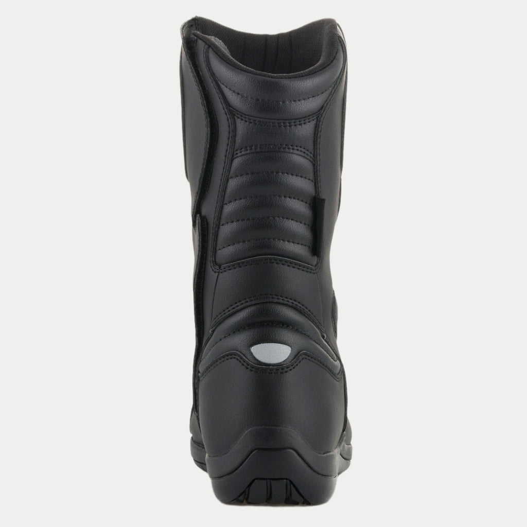Stivali Alpinestars Origin Drystar®, stivali da moto touring, nero, vista posteriore con zone flex a soffietto su tendine d'Achille e polpaccio, dettaglio riflettente sul tallone e costruzione in microfibra resistente