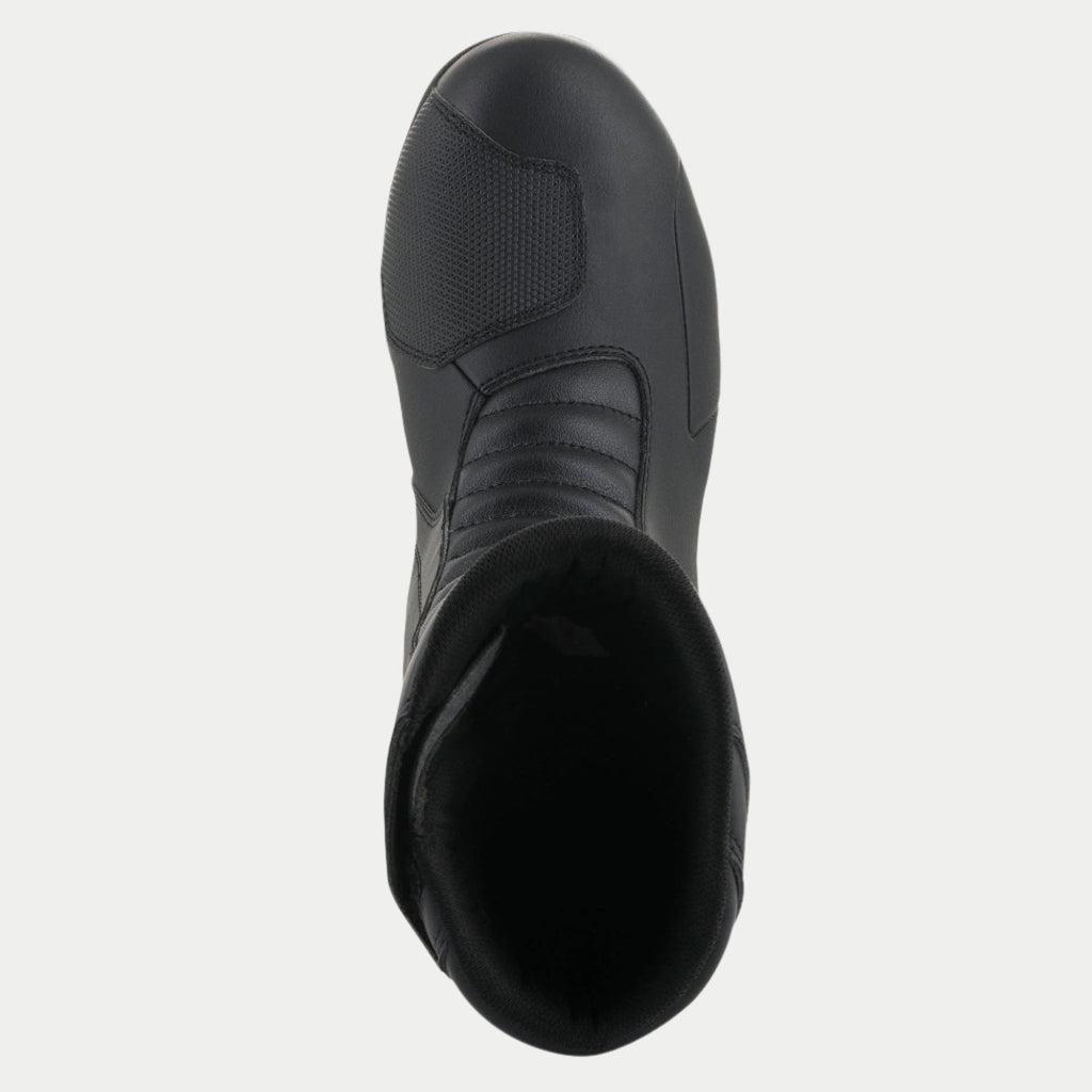 Stivali Alpinestars Origin Drystar®, Nero, vista dall'alto con pad del cambio sintetico e zona flessibile a soffietto anteriore, costruzione in microfibra resistente, calzature da moto impermeabili per touring e adventure