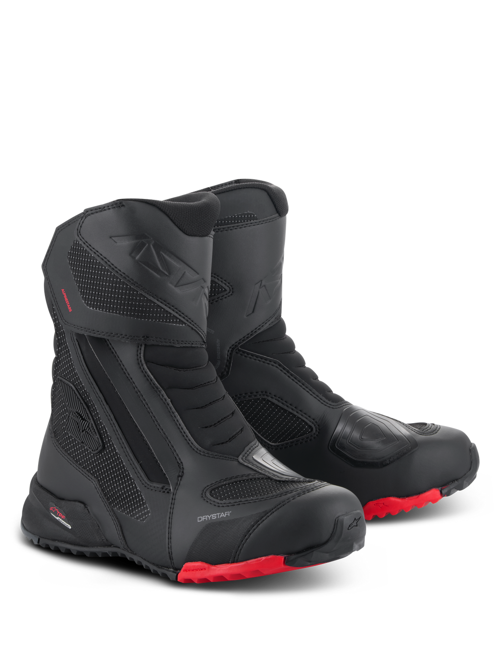 Stivali Alpinestars RT-7 Drystar, stivali da moto touring, nero e rosso, con membrana impermeabile Drystar, robusta costruzione in tessuto e microfibra, suole carrarmato rosse e zone protettive rinforzate per avventure all-terrain