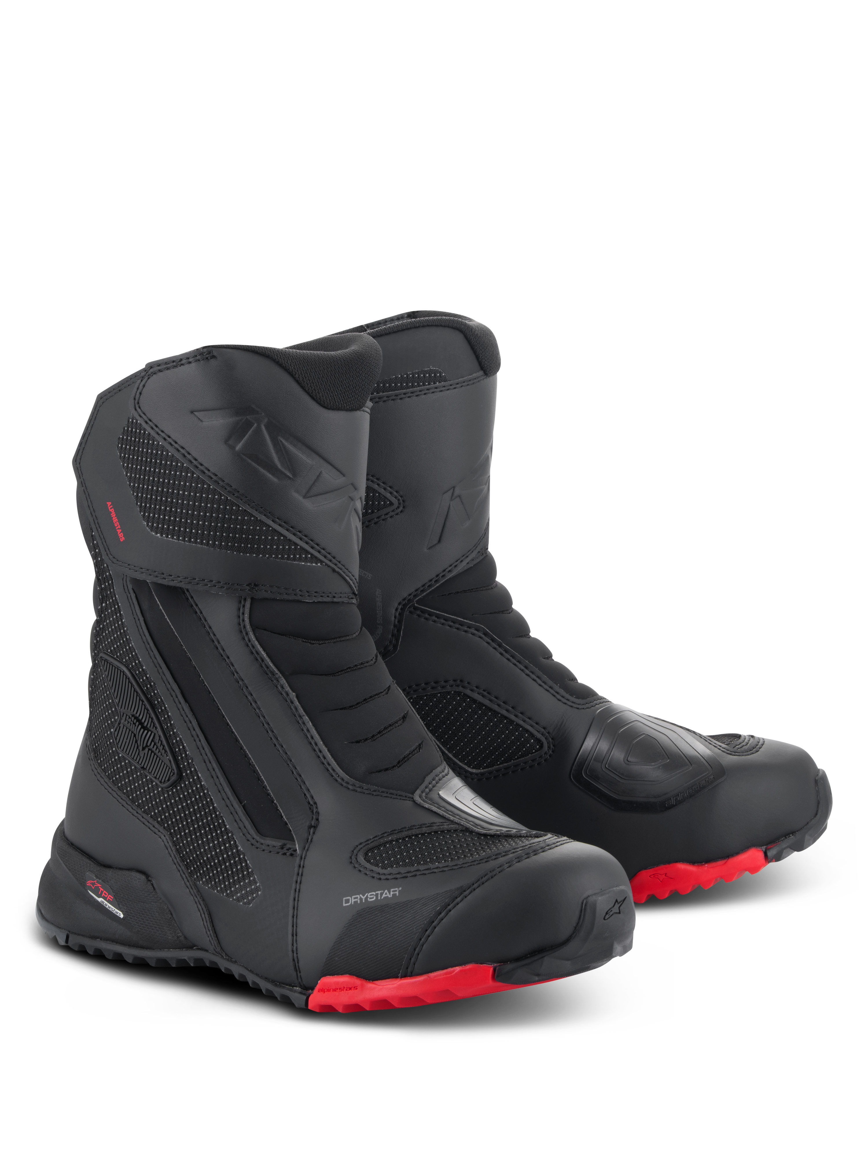 Stivali Alpinestars RT-7 Drystar, stivali da moto touring, nero e rosso, con membrana impermeabile Drystar, robusta costruzione in tessuto e microfibra, suole carrarmato rosse e zone protettive rinforzate per avventure all-terrain