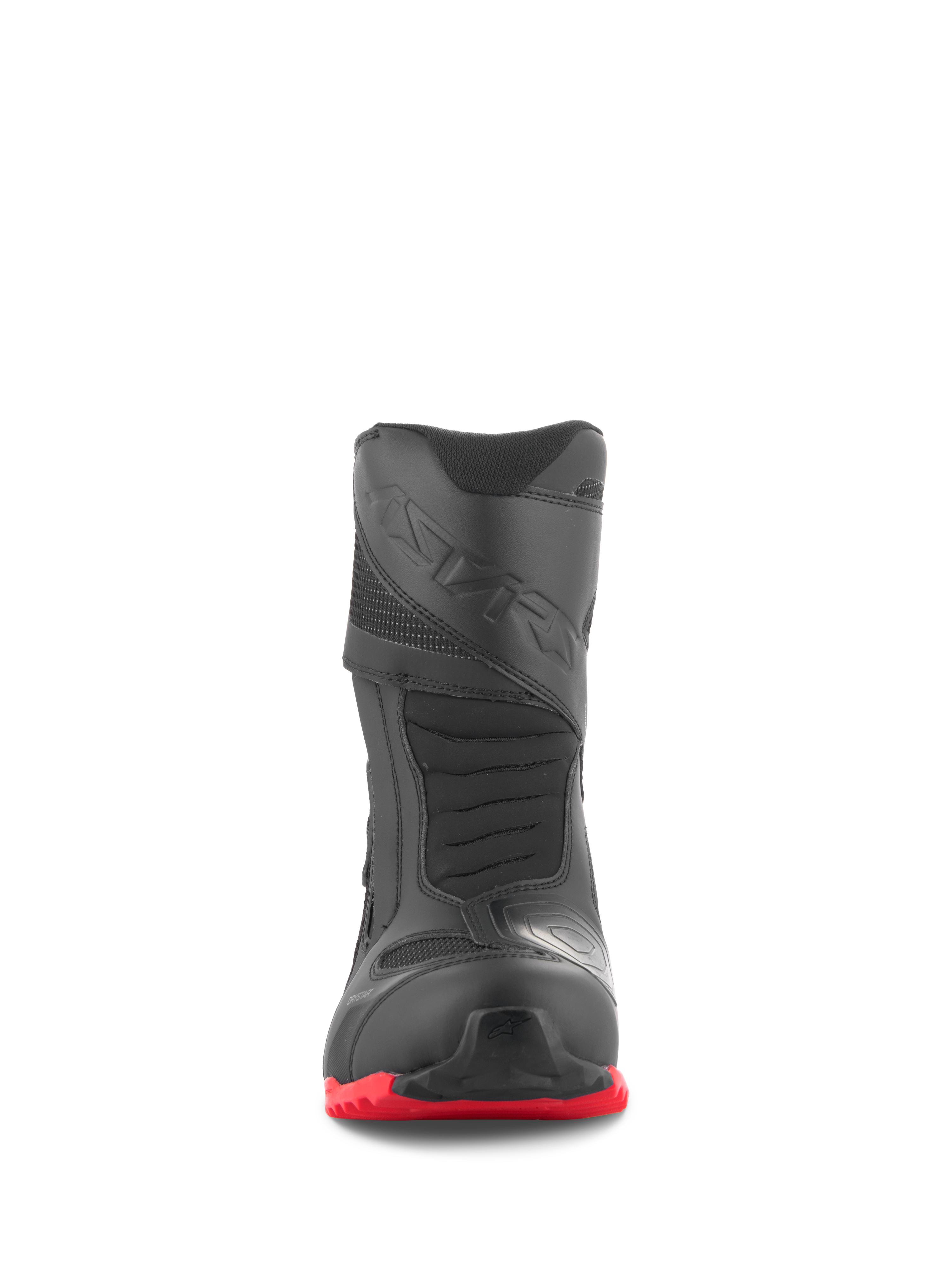 Stivali Alpinestars RT-7 Drystar®, stivali da moto touring, nero e rosso, vista frontale, con punta rinforzata, paracambio con stampa 3D e suola a carrarmato rosso acceso, calzatura impermeabile per guida adventure