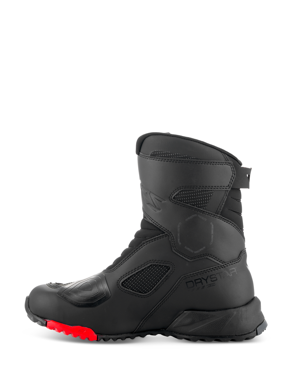 Alpinestars RT-7 Drystar® Boots, stivali da moto touring, nero e rosso, vista laterale con logo Drystar, paraleva rinforzato e suola carrarmato con accenti rossi per guida adventure