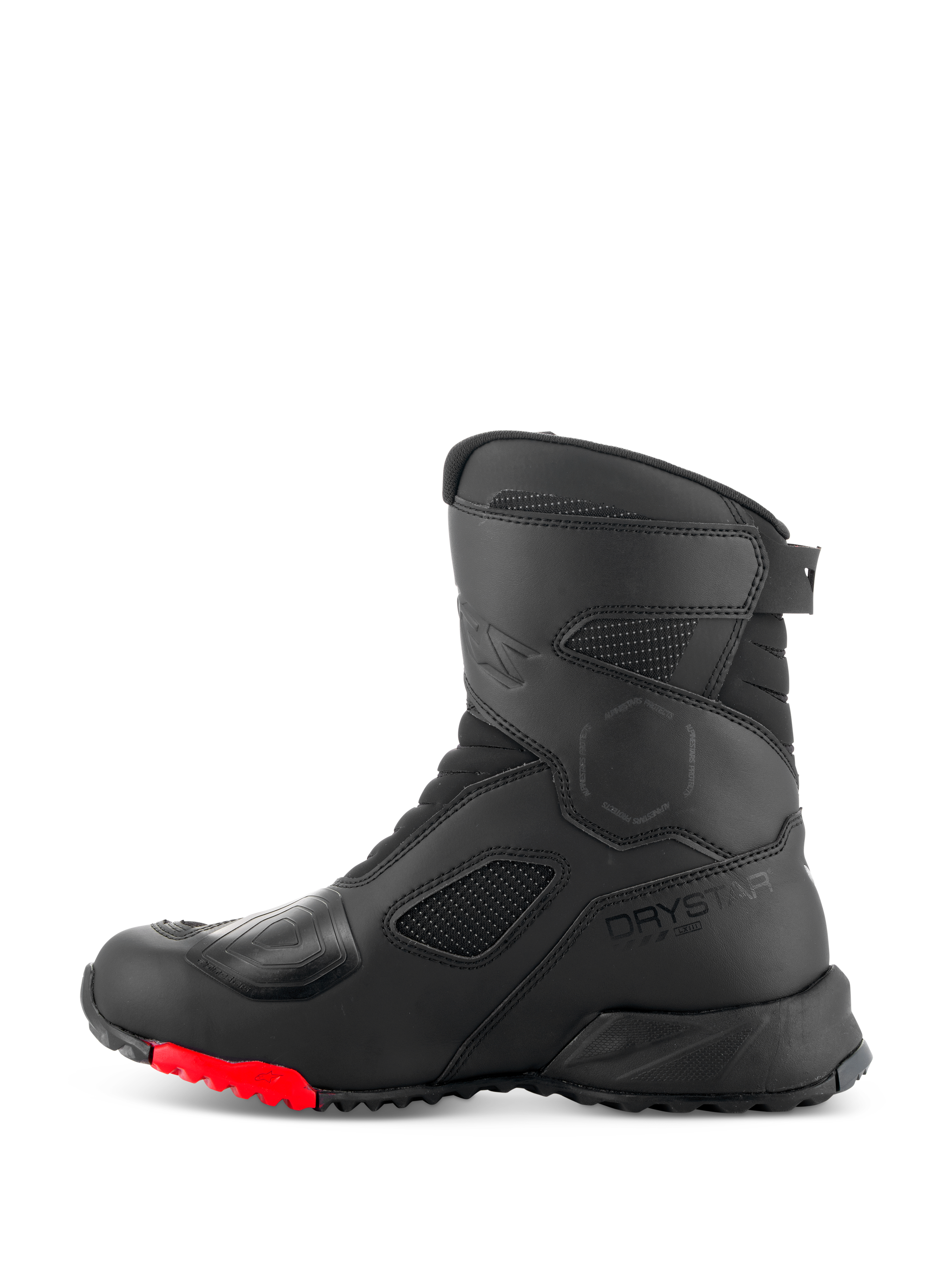 Alpinestars RT-7 Drystar® Boots, stivali da moto touring, nero e rosso, vista laterale con logo Drystar, paraleva rinforzato e suola carrarmato con accenti rossi per guida adventure