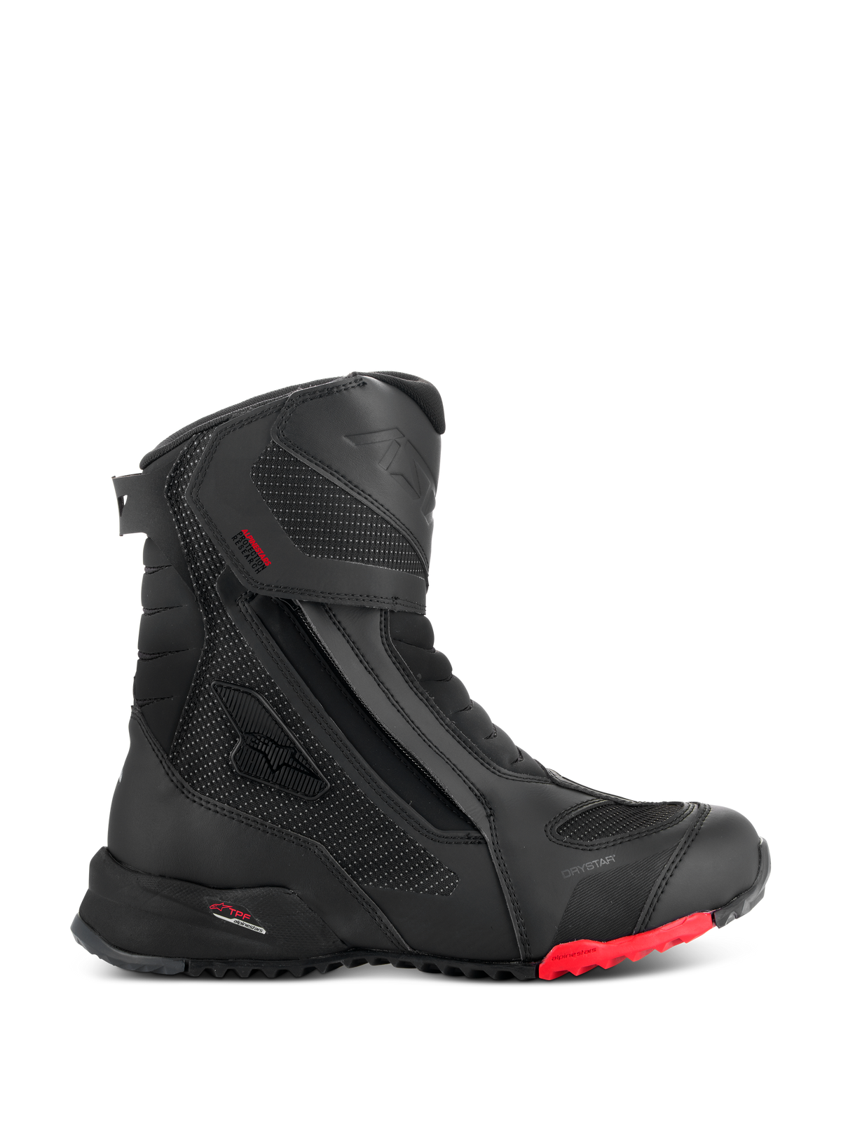 Stivali Alpinestars RT-7 Drystar, stivali da moto touring, neri con dettaglio rosso sulla suola, impermeabili e traspiranti, profilo laterale con cerniera e chiusura a strappo, pannelli in tessuto testurizzato con punti riflettenti, suola robusta a carrarmato, costruzione sintetica avanzata