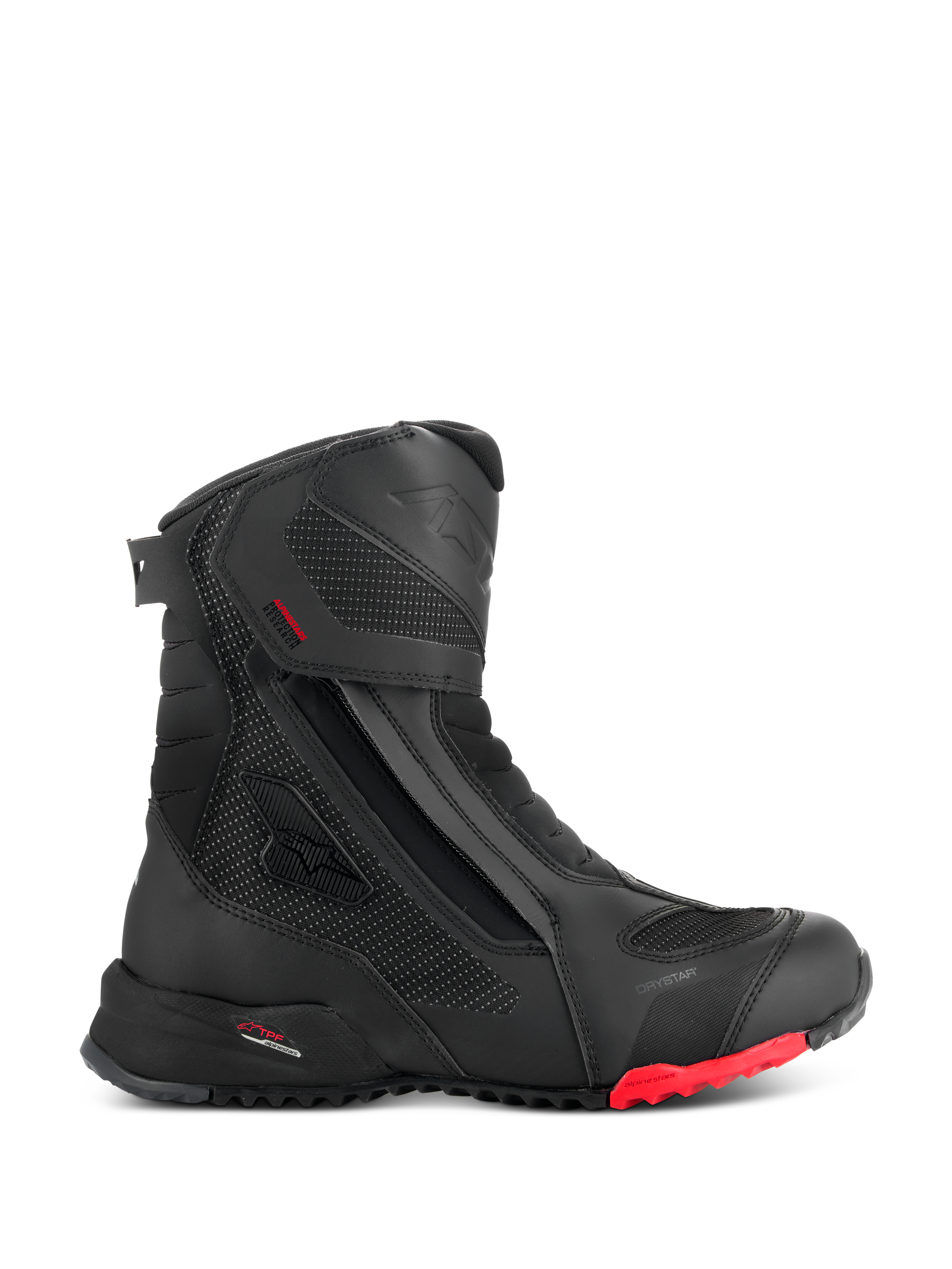 Stivali Alpinestars RT-7 Drystar, stivali da moto touring, neri con dettaglio rosso sulla suola, impermeabili e traspiranti, profilo laterale con cerniera e chiusura a strappo, pannelli in tessuto testurizzato con punti riflettenti, suola robusta a carrarmato, costruzione sintetica avanzata