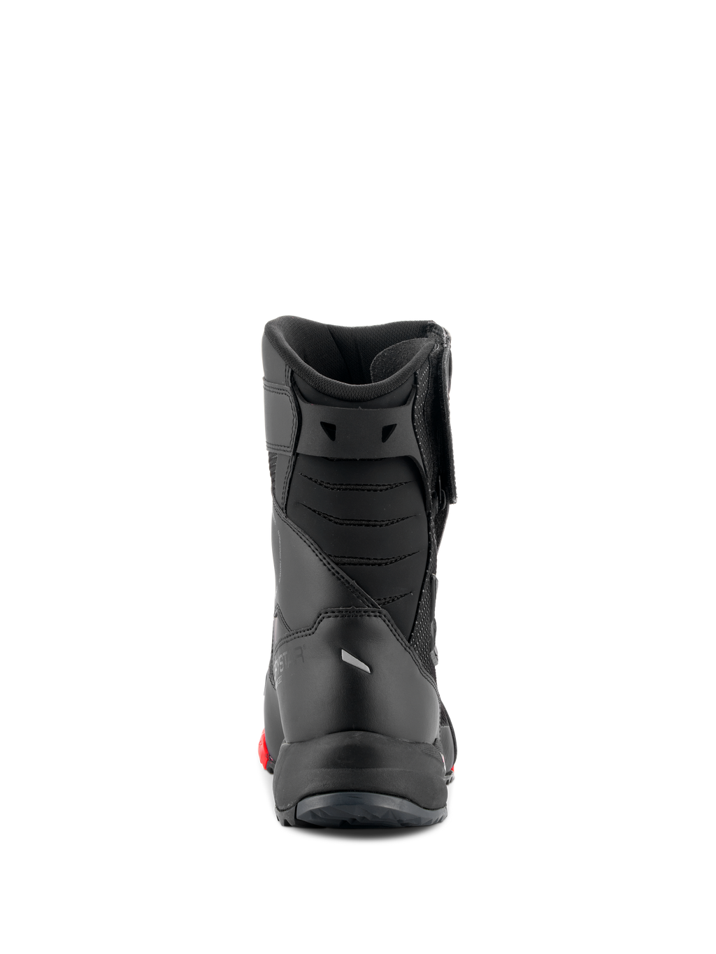 Stivali Alpinestars RT-7 Drystar®, stivali da moto touring, nero e rosso, vista posteriore che mostra il soffietto imbottito del tallone d'Achille e la costruzione sottile, calzature protettive impermeabili per strada e avventura