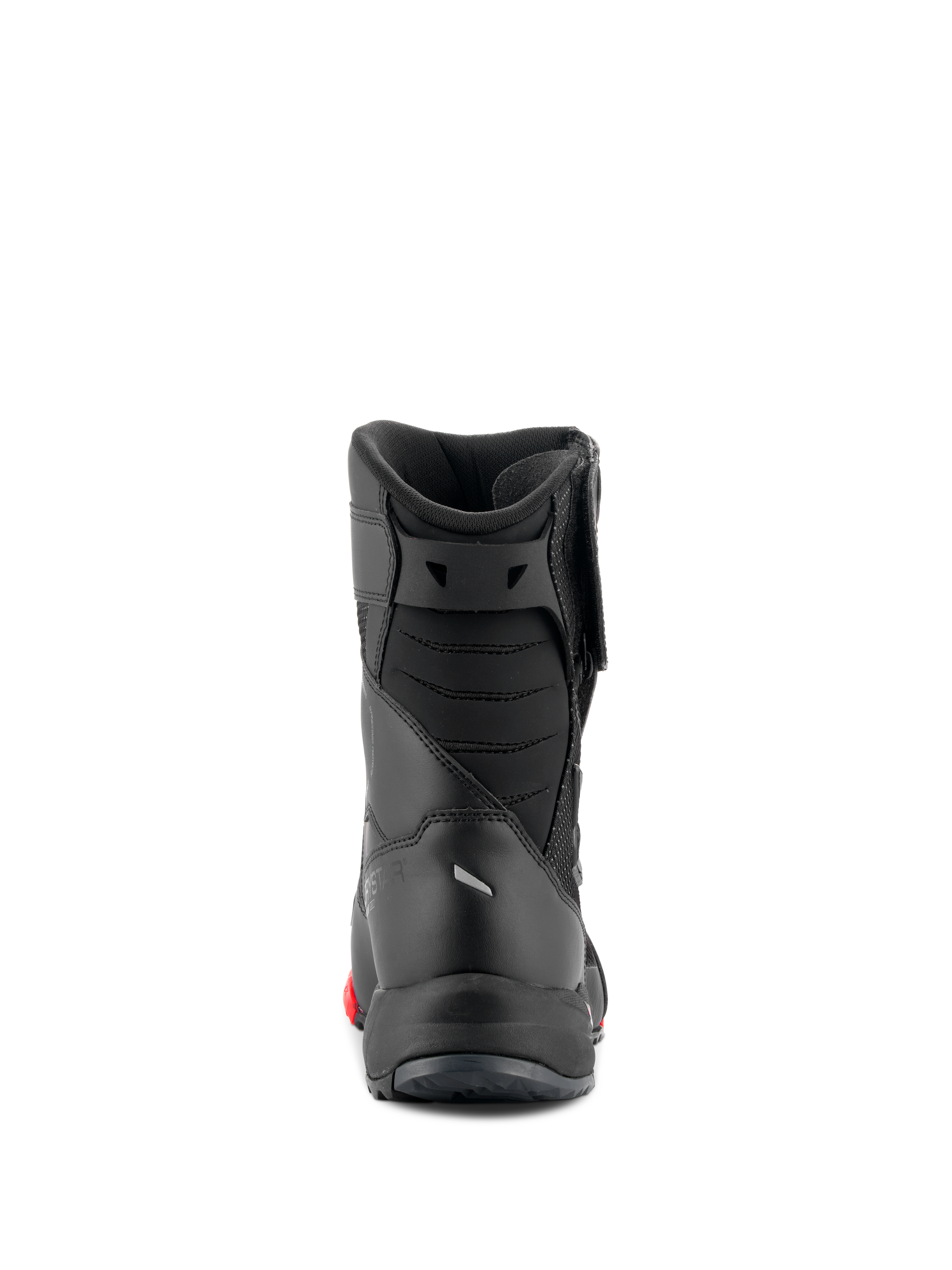 Stivali Alpinestars RT-7 Drystar®, stivali da moto touring, nero e rosso, vista posteriore che mostra il soffietto imbottito del tallone d'Achille e la costruzione sottile, calzature protettive impermeabili per strada e avventura