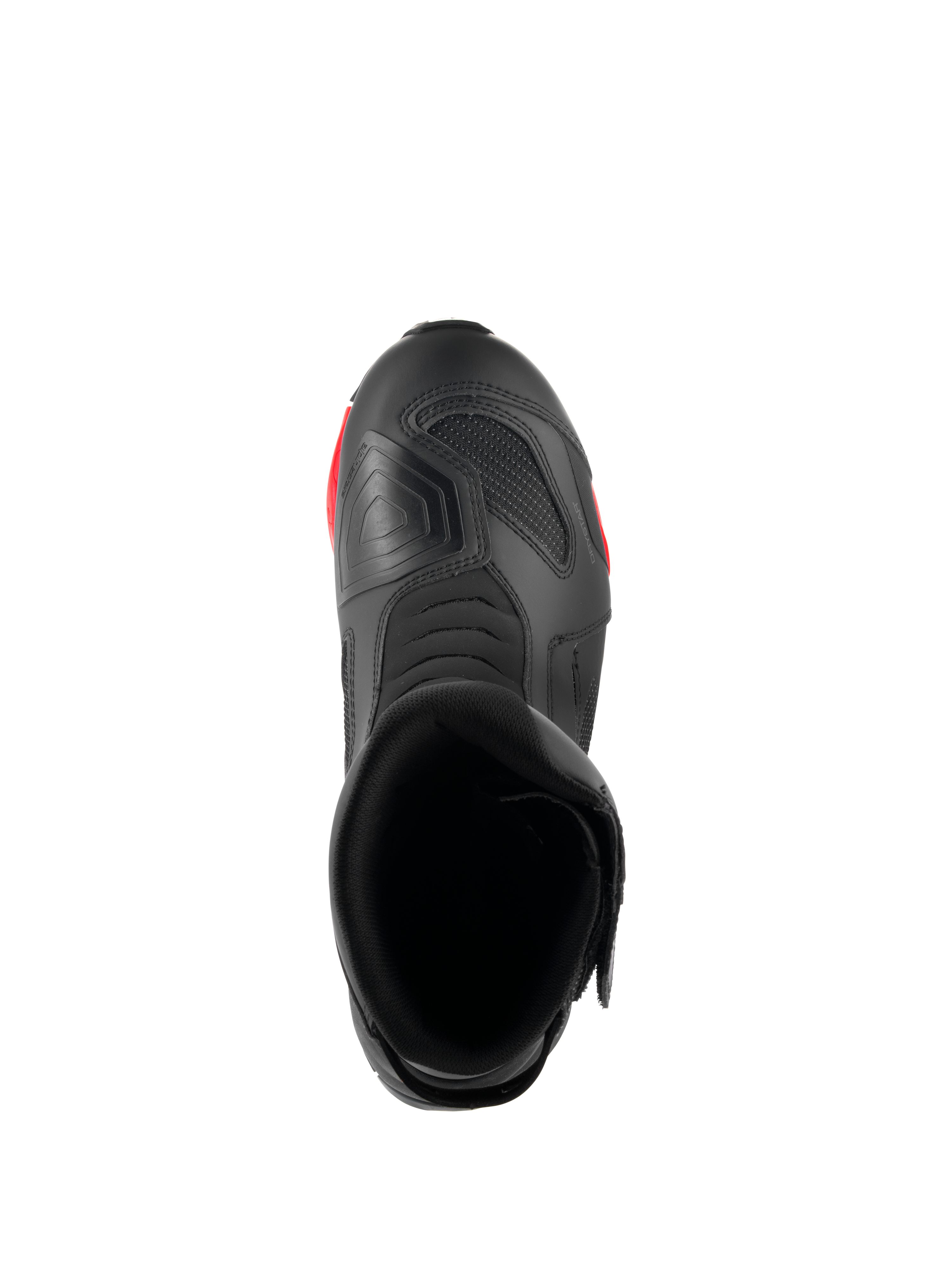 Alpinestars stivali RT-7 Drystar®, stivali da moto touring, nero e rosso, vista dall'alto che mostra l'apertura dello stivale, l'interno e il paracambio testurizzato sulla punta