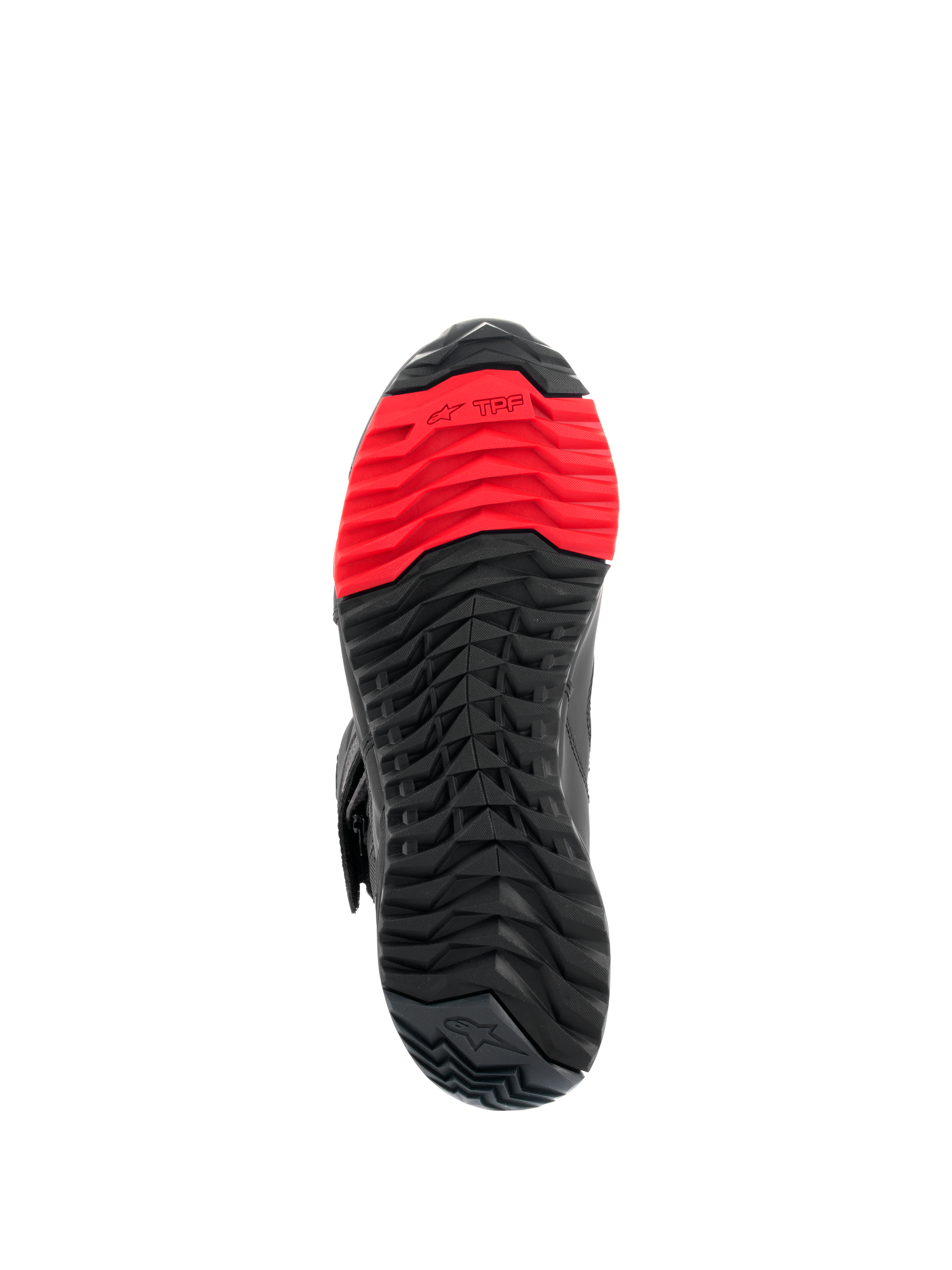 Stivali Alpinestars RT-7 Drystar®, vista della suola, robusto battistrada tassellato nero e rosso, con logo TPF Transversal Protection Frame sull'avampiede, progettati per il comfort in sella e a piedi