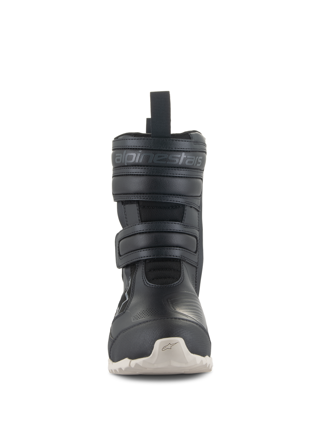 Stivali Alpinestars Stella RT-7 Touring Drystar®, stivali da moto touring da donna, nero, vista frontale con doppia chiusura a strappo in velcro, marchio Alpinestars in rilievo, tomaia tecnica in microfibra e suola a carrarmato di colore chiaro