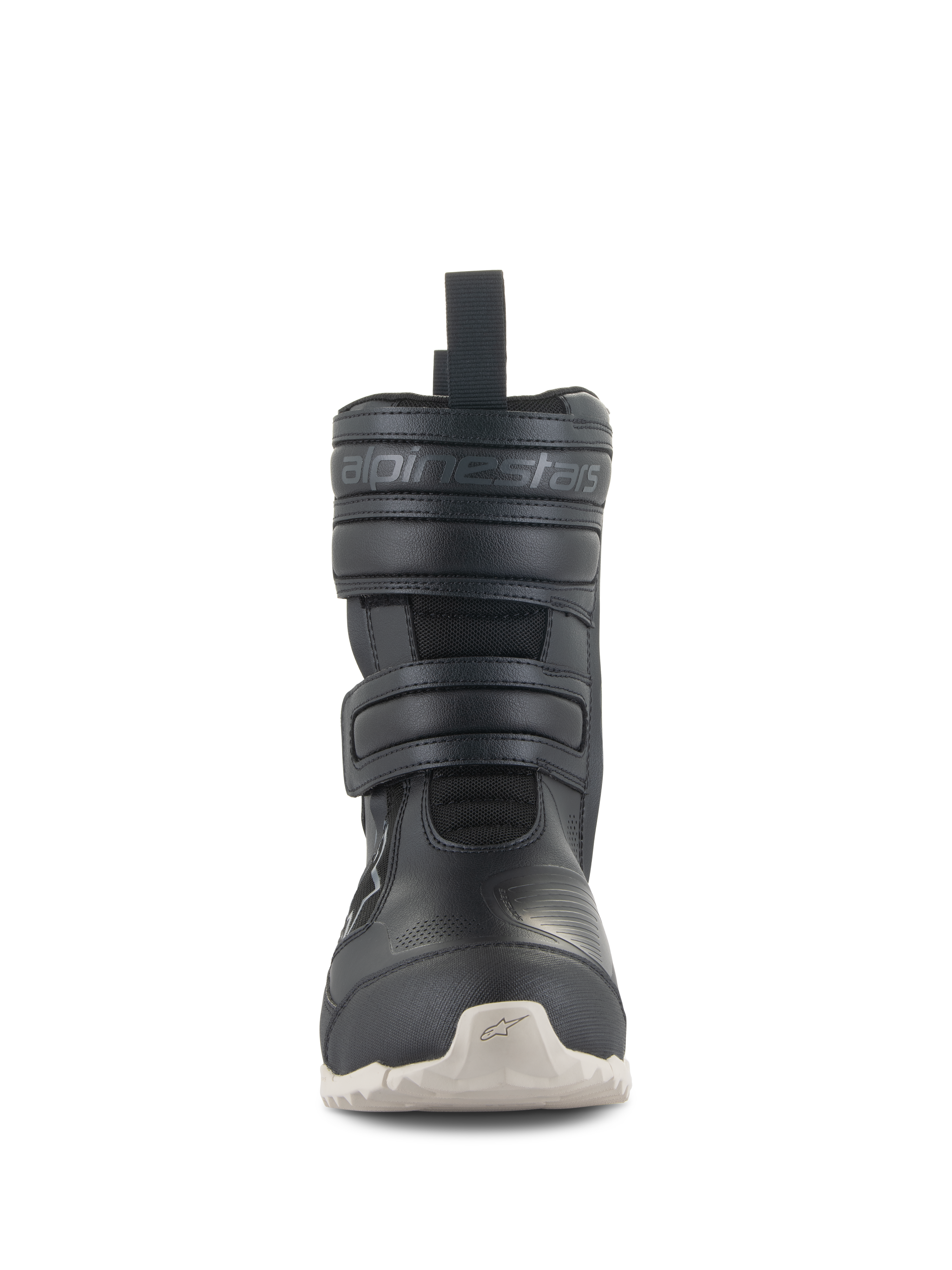 Stivali Alpinestars Stella RT-7 Touring Drystar®, stivali da moto touring da donna, nero, vista frontale con doppia chiusura a strappo in velcro, marchio Alpinestars in rilievo, tomaia tecnica in microfibra e suola a carrarmato di colore chiaro