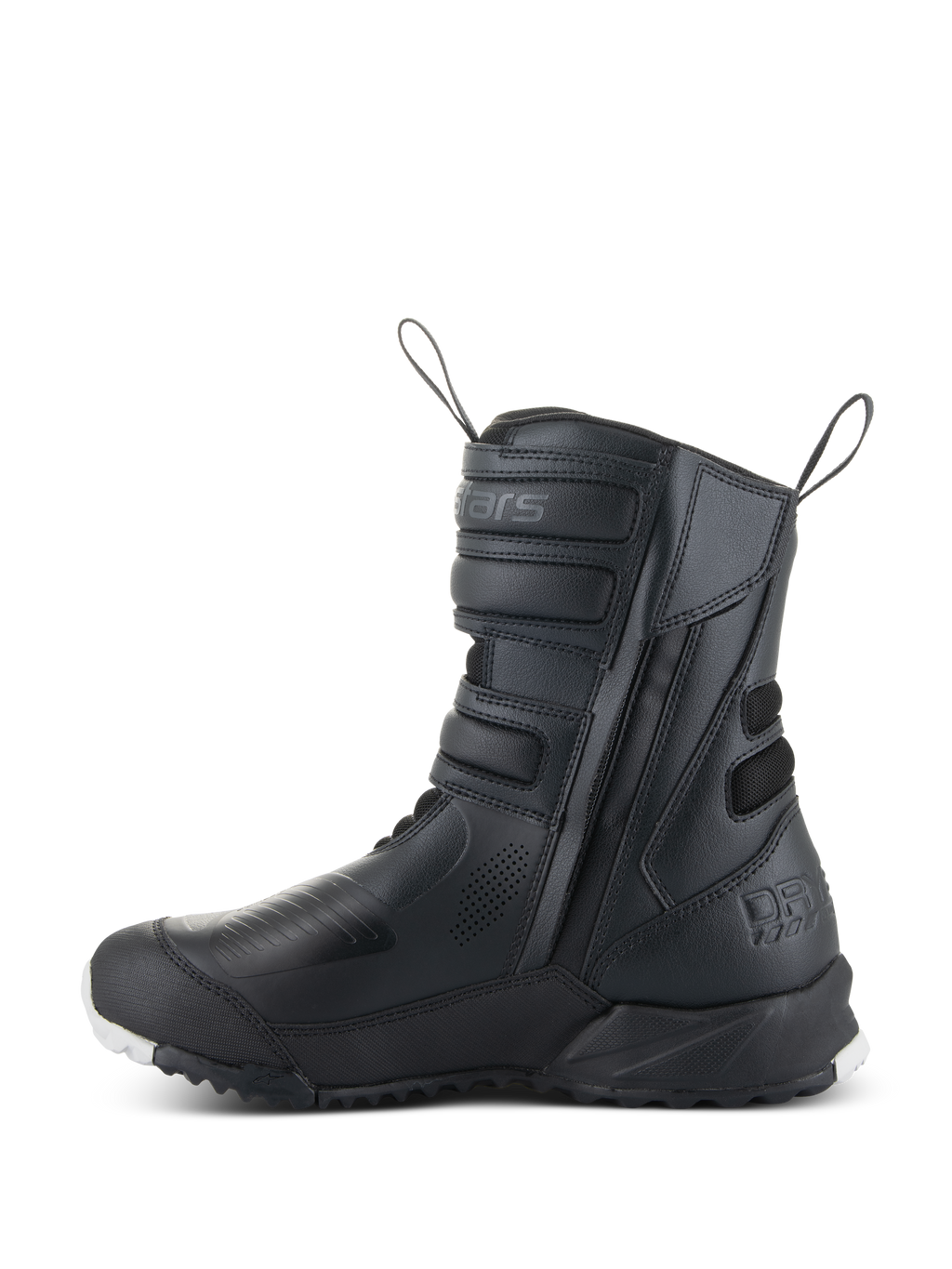Stivali donna Alpinestars Stella RT-7 Touring Drystar®, stivali da moto touring da donna, nero, vista laterale con ingresso a doppia cerniera, regolatori con cinturino in Velcro, zone di protezione rinforzate e suola robusta per guida adventure