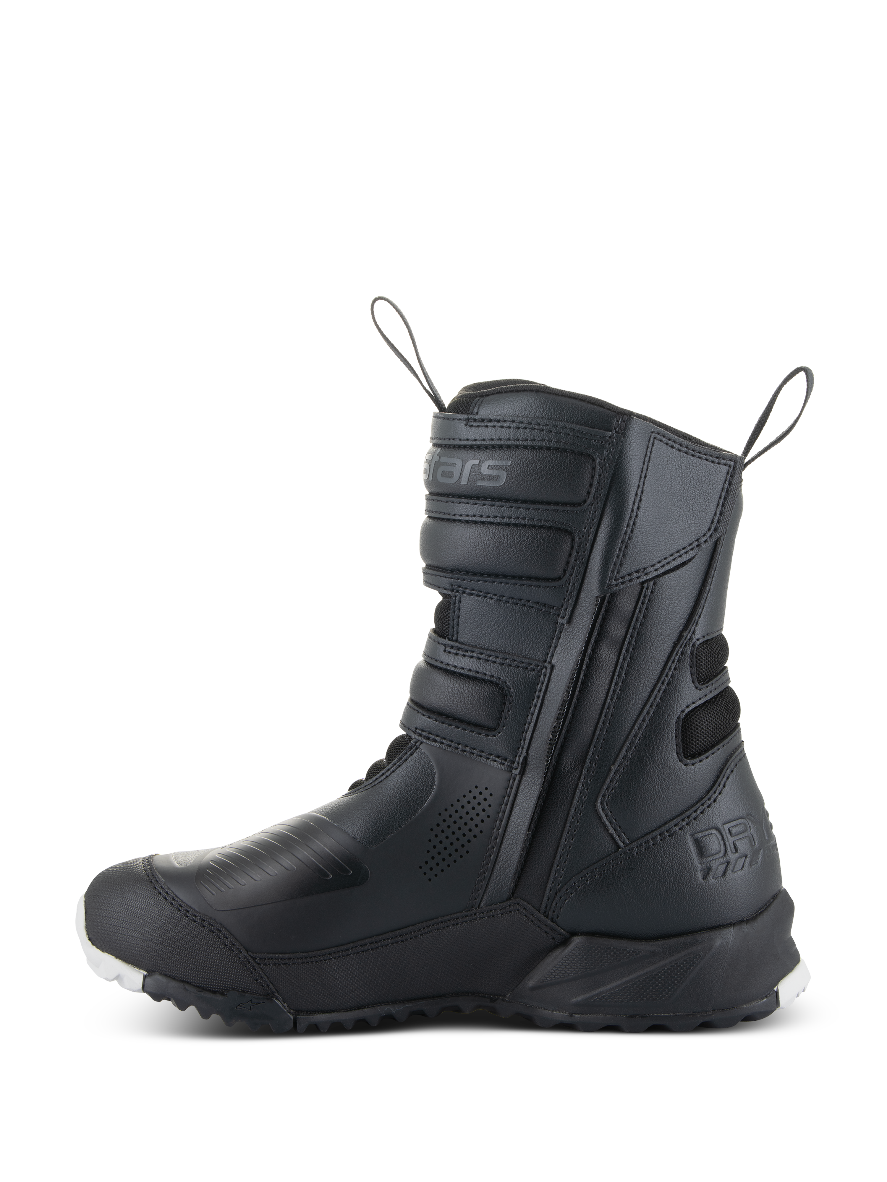 Stivali donna Alpinestars Stella RT-7 Touring Drystar®, stivali da moto touring da donna, nero, vista laterale con ingresso a doppia cerniera, regolatori con cinturino in Velcro, zone di protezione rinforzate e suola robusta per guida adventure