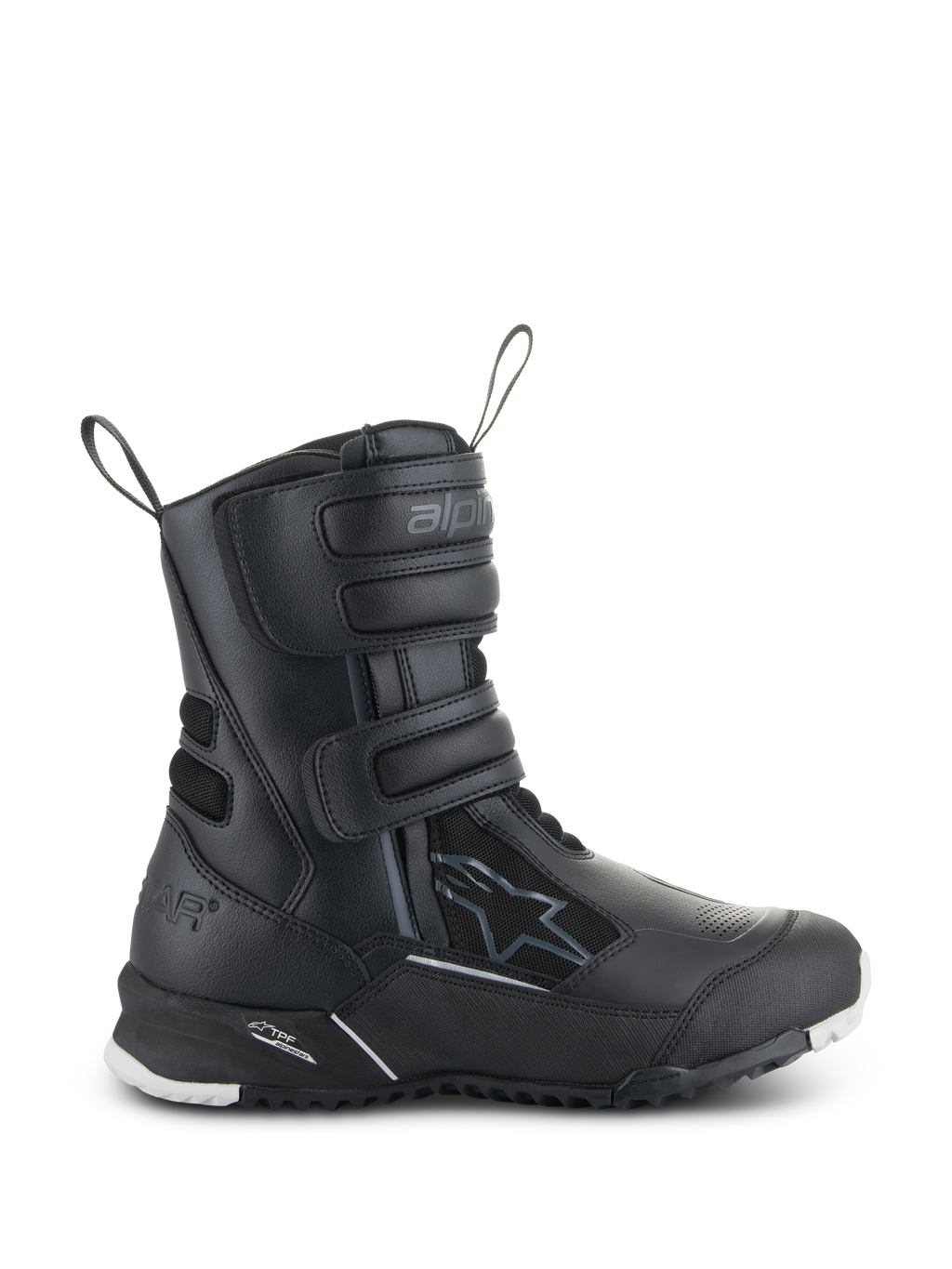 Alpinestars Stella RT-7 Touring Drystar, stivali da moto touring da donna, neri, vista laterale con tre cinturini in velcro, tomaia impermeabile in microfibra e tessuto, tallone rinforzato con logo a stella e suola a carrarmato resistente con accenti bianchi
