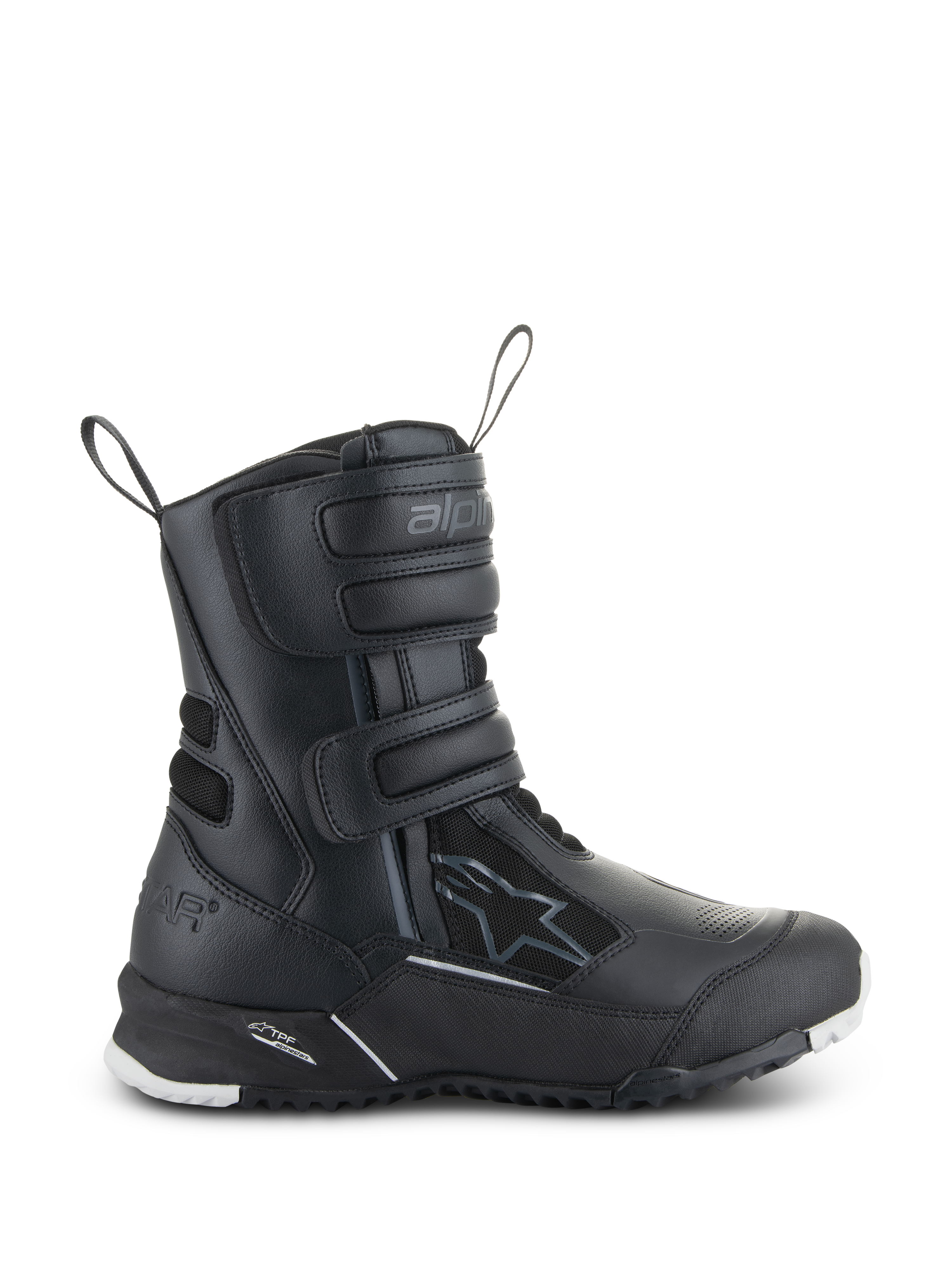Alpinestars Stella RT-7 Touring Drystar, stivali da moto touring da donna, neri, vista laterale con tre cinturini in velcro, tomaia impermeabile in microfibra e tessuto, tallone rinforzato con logo a stella e suola a carrarmato resistente con accenti bianchi