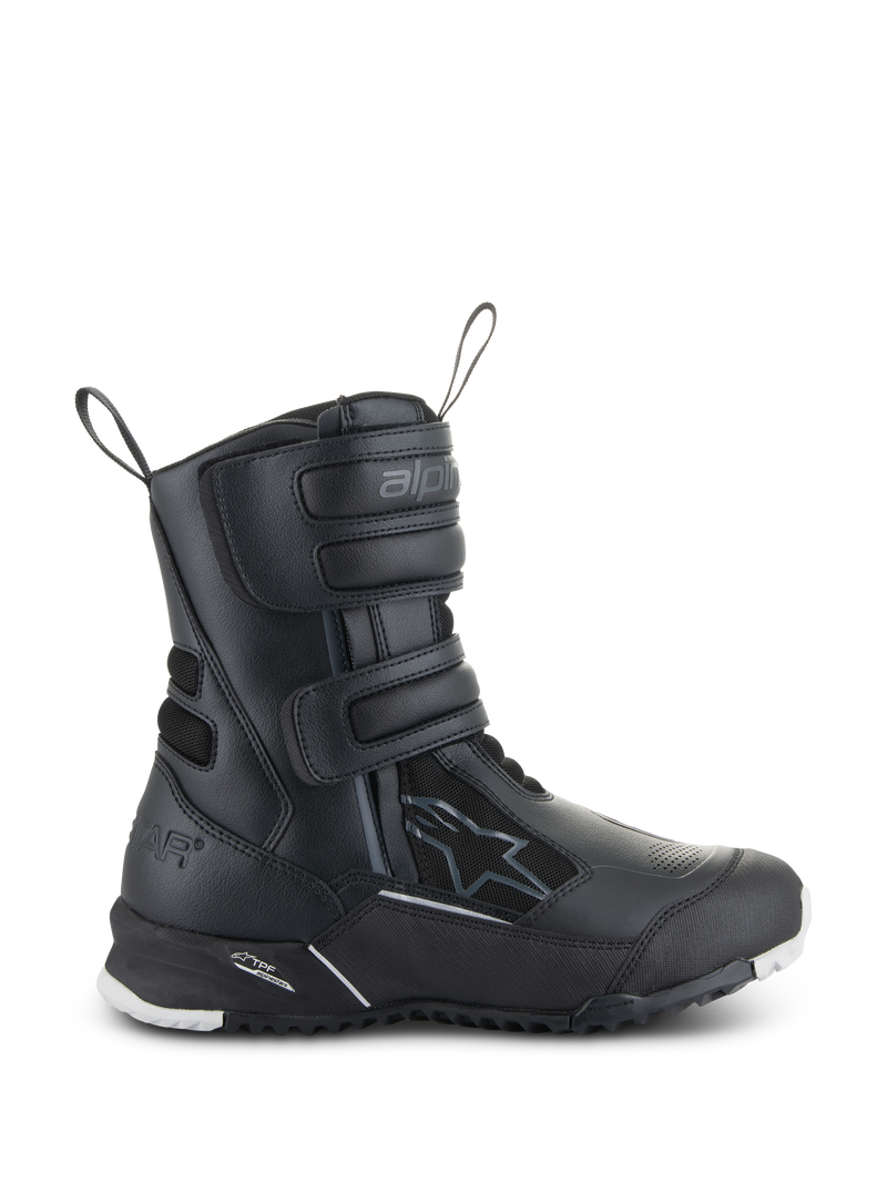 Alpinestars Stella RT-7 Touring Drystar, stivali da moto touring da donna, neri, vista laterale con tre cinturini in velcro, tomaia impermeabile in microfibra e tessuto, tallone rinforzato con logo a stella e suola a carrarmato resistente con accenti bianchi